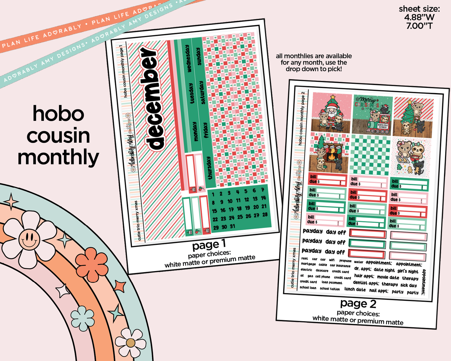 Hobonichi Cousin Monthly Pick Your Month The Cutie Trio Merry Christmas Planner Sticker Kit for Hobo Cousin or Similar Planners
