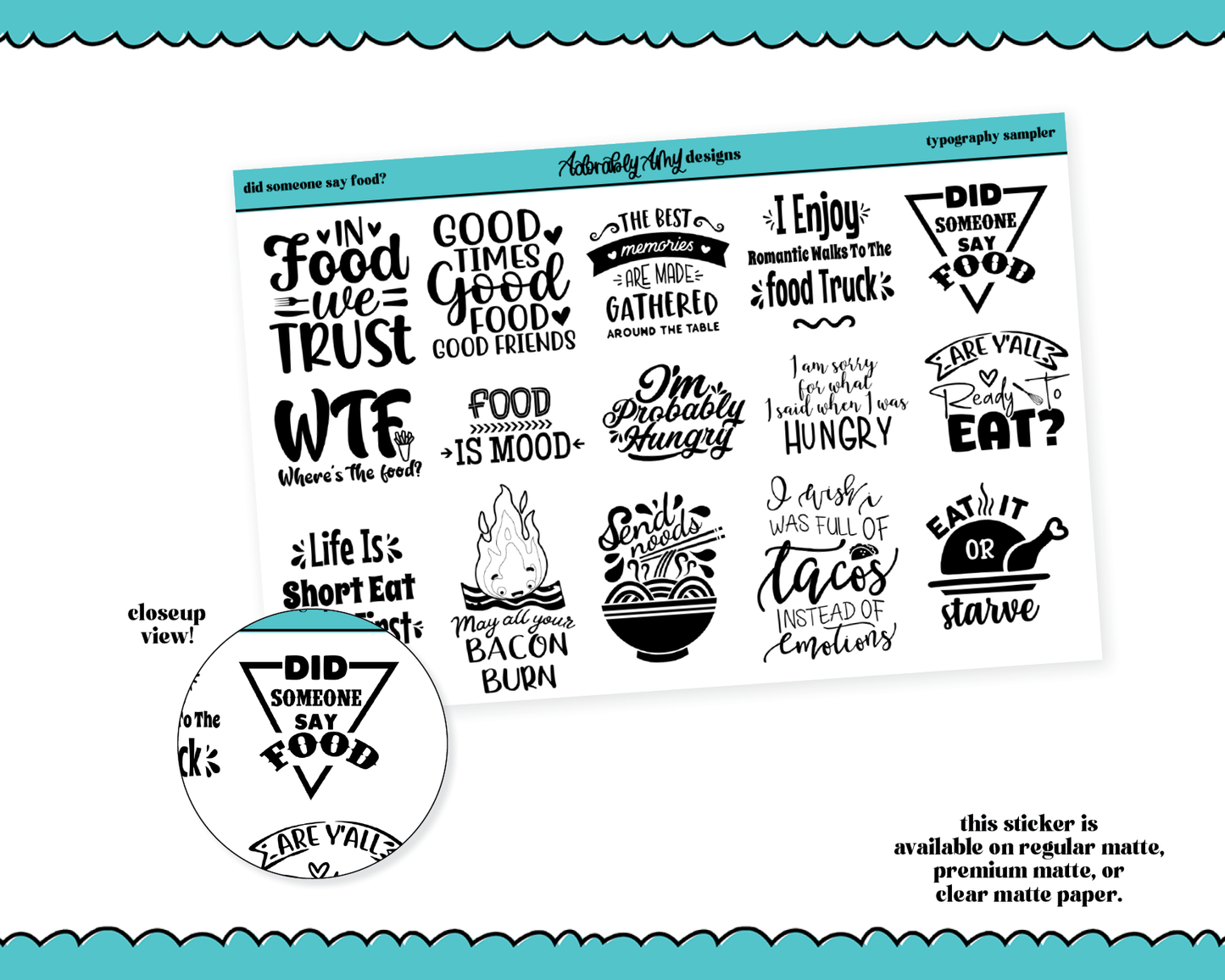 Did Someone Say Food? Typography Sampler Planner Stickers for any Planner or Insert
