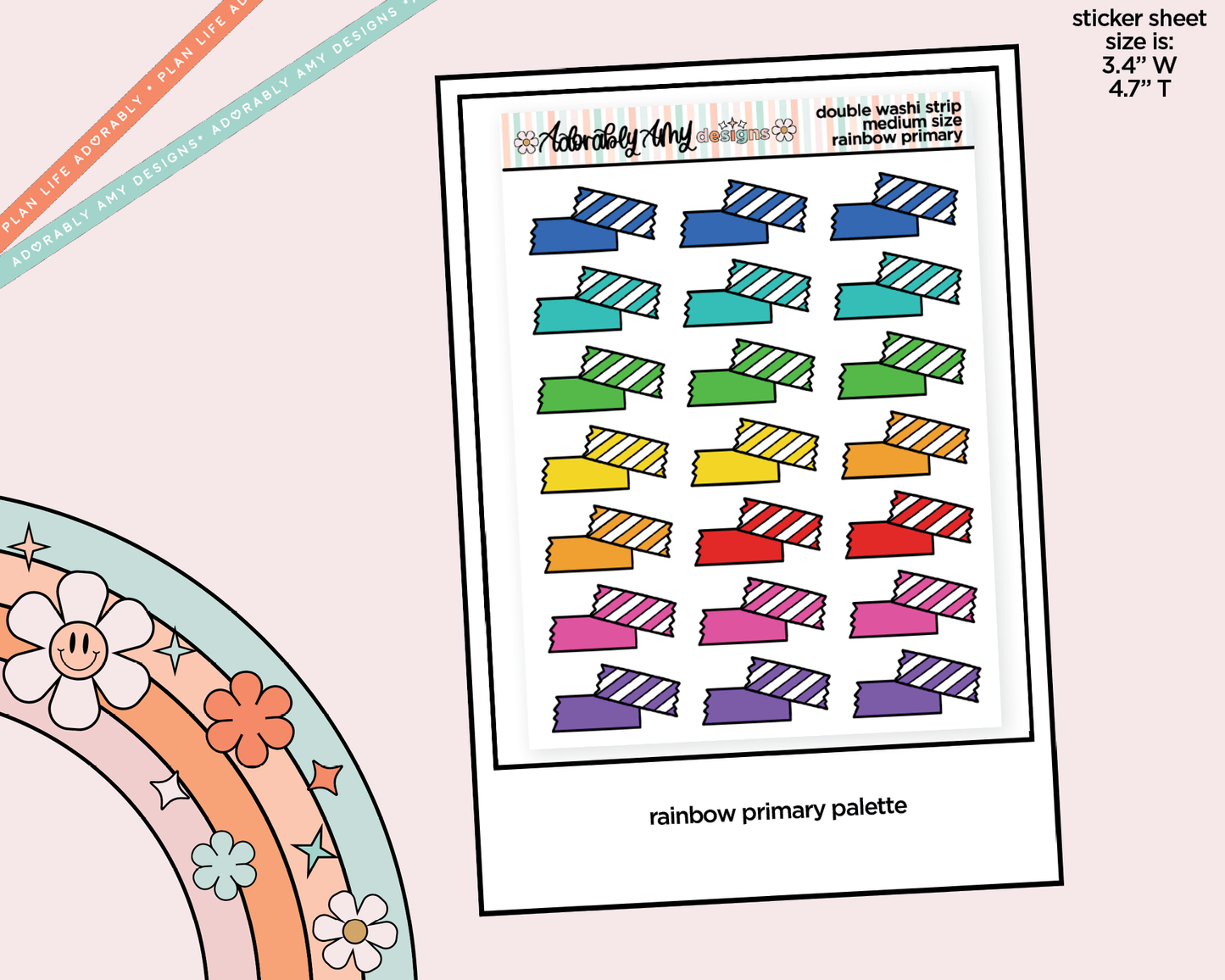 Rainbow Doodled Double Washi Strips Standard Size Stickers for any Planner or Insert - Adorably Amy Designs