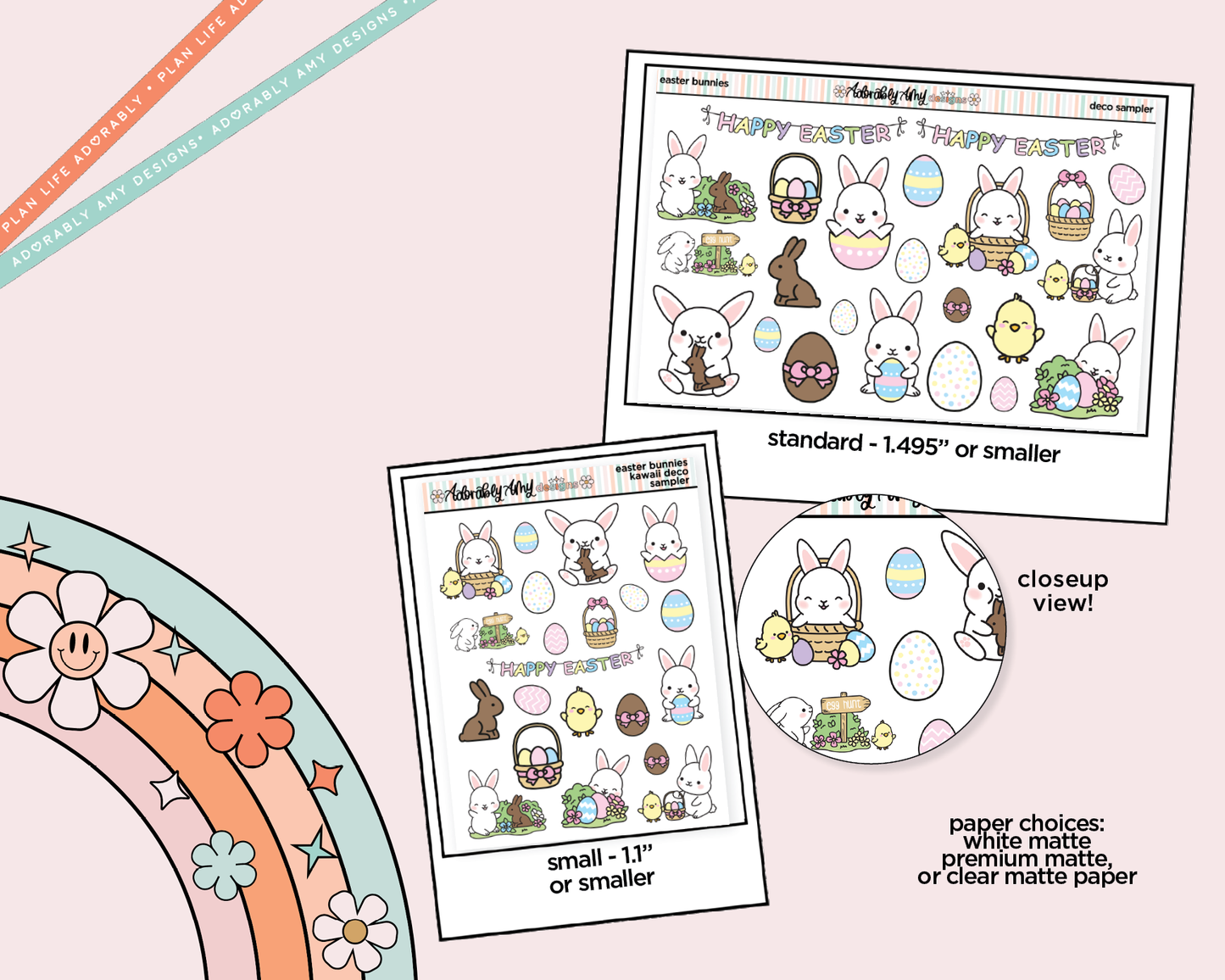 Happy Easter Bunnies Kawaii Deco Samplers in 3 Sizes Decorative Planner Stickers