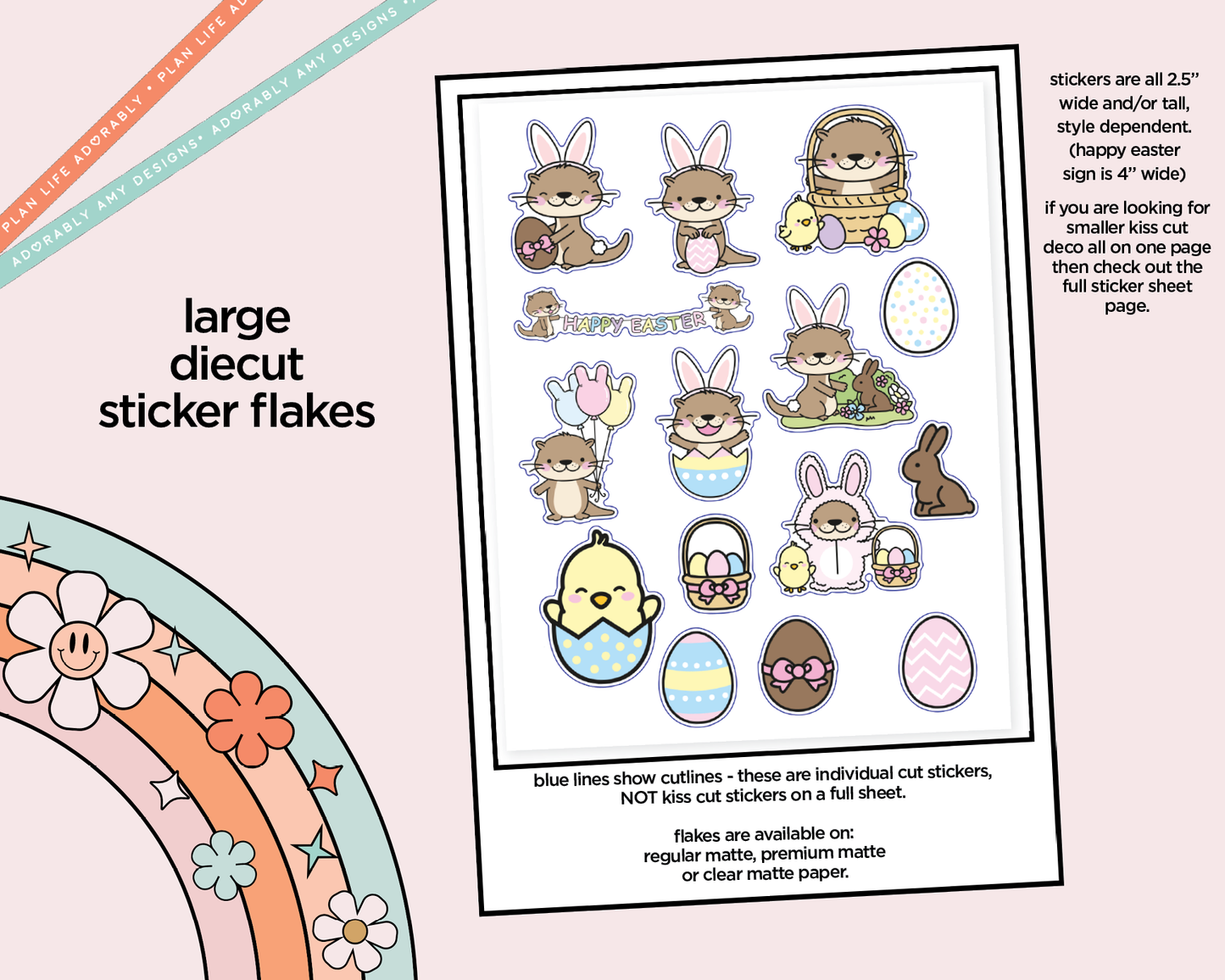 Happy Easter Otters Kawaii Deco Samplers in 3 Sizes Decorative Planner Stickers