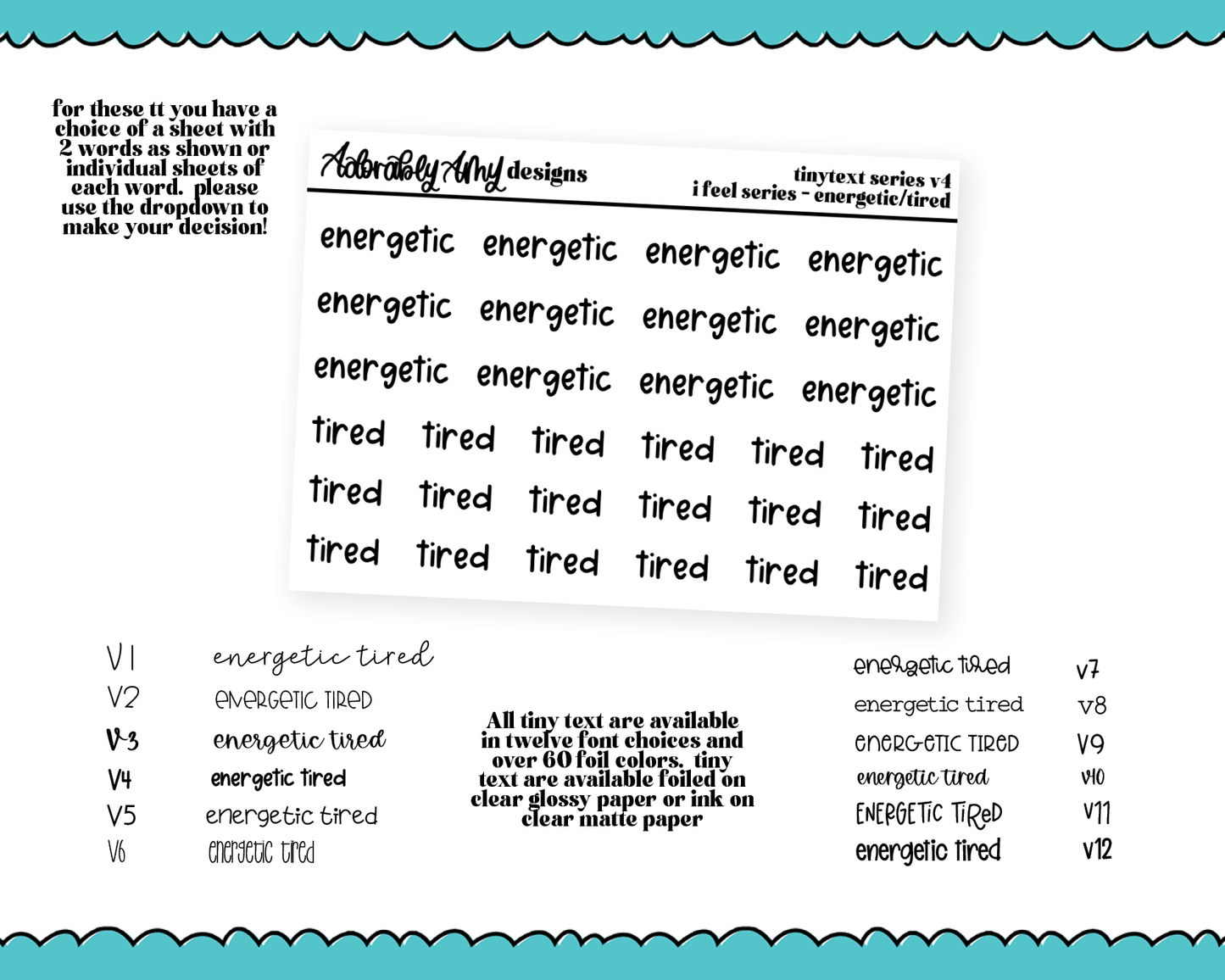 Foiled Tiny Text Series - Feelings Series - Energetic and Tired Checklist Size Planner Stickers for any Planner or Insert
