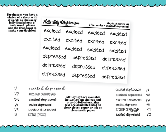 Foiled Tiny Text Series - Feelings Series - Excited and Depressed Checklist Size Planner Stickers for any Planner or Insert