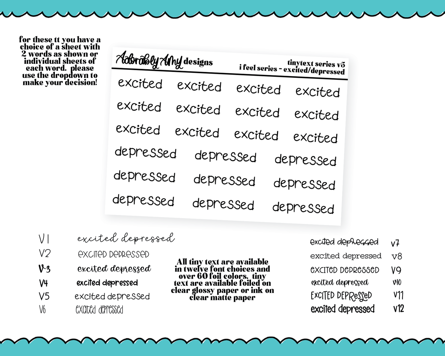 Foiled Tiny Text Series - Feelings Series - Excited and Depressed Checklist Size Planner Stickers for any Planner or Insert