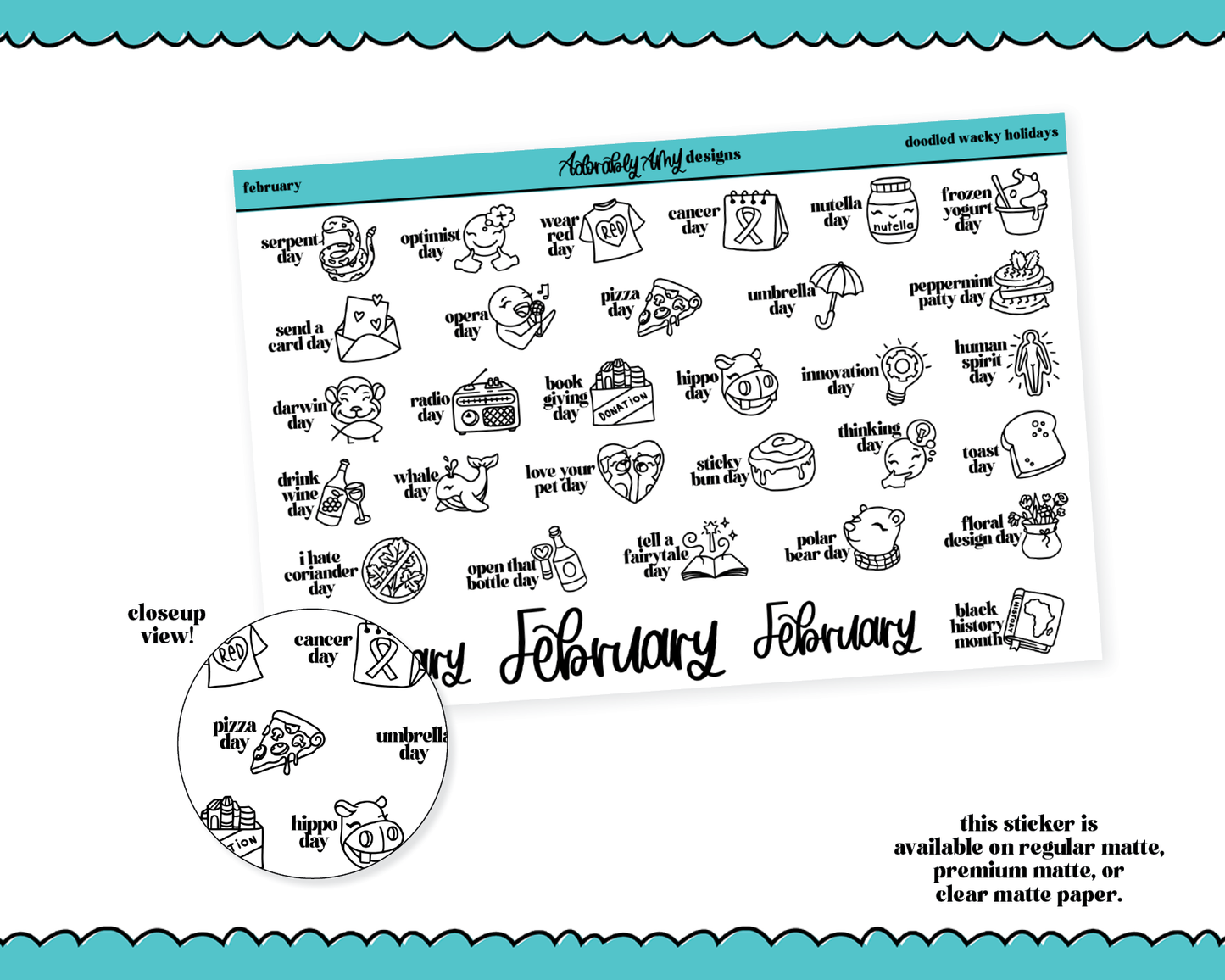 February Doodled Wacky Holidays Reminder Tracker Stickers for any Planner or Insert