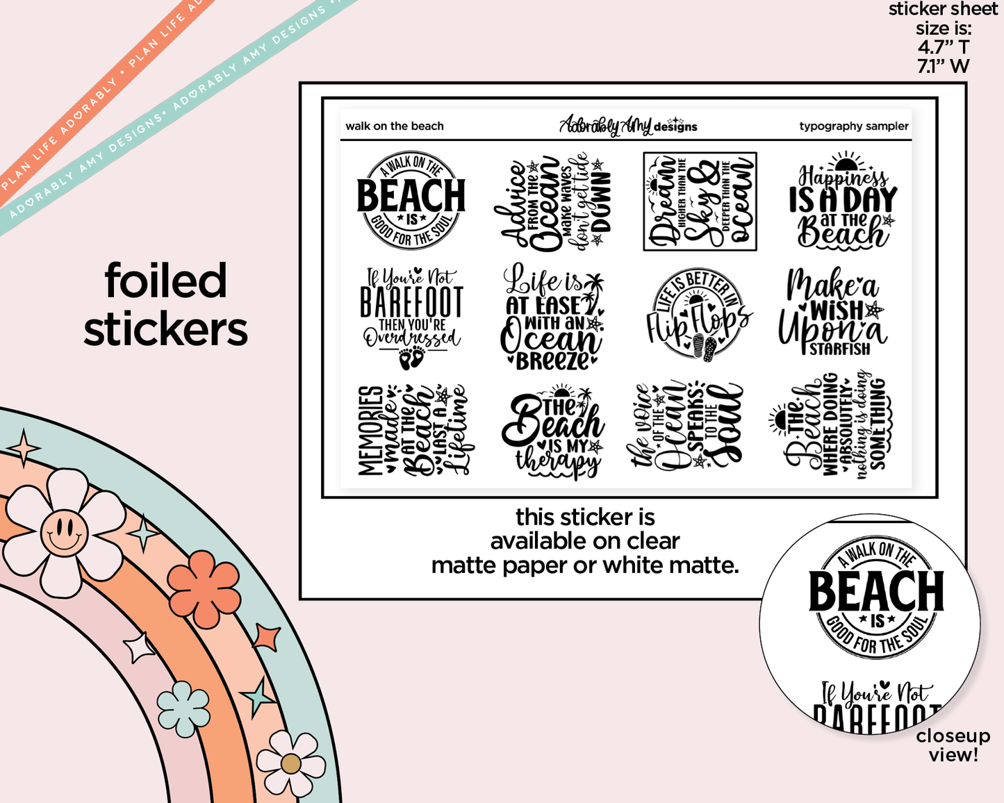 Foiled Walk on the Beach Typography Sampler Planner Stickers