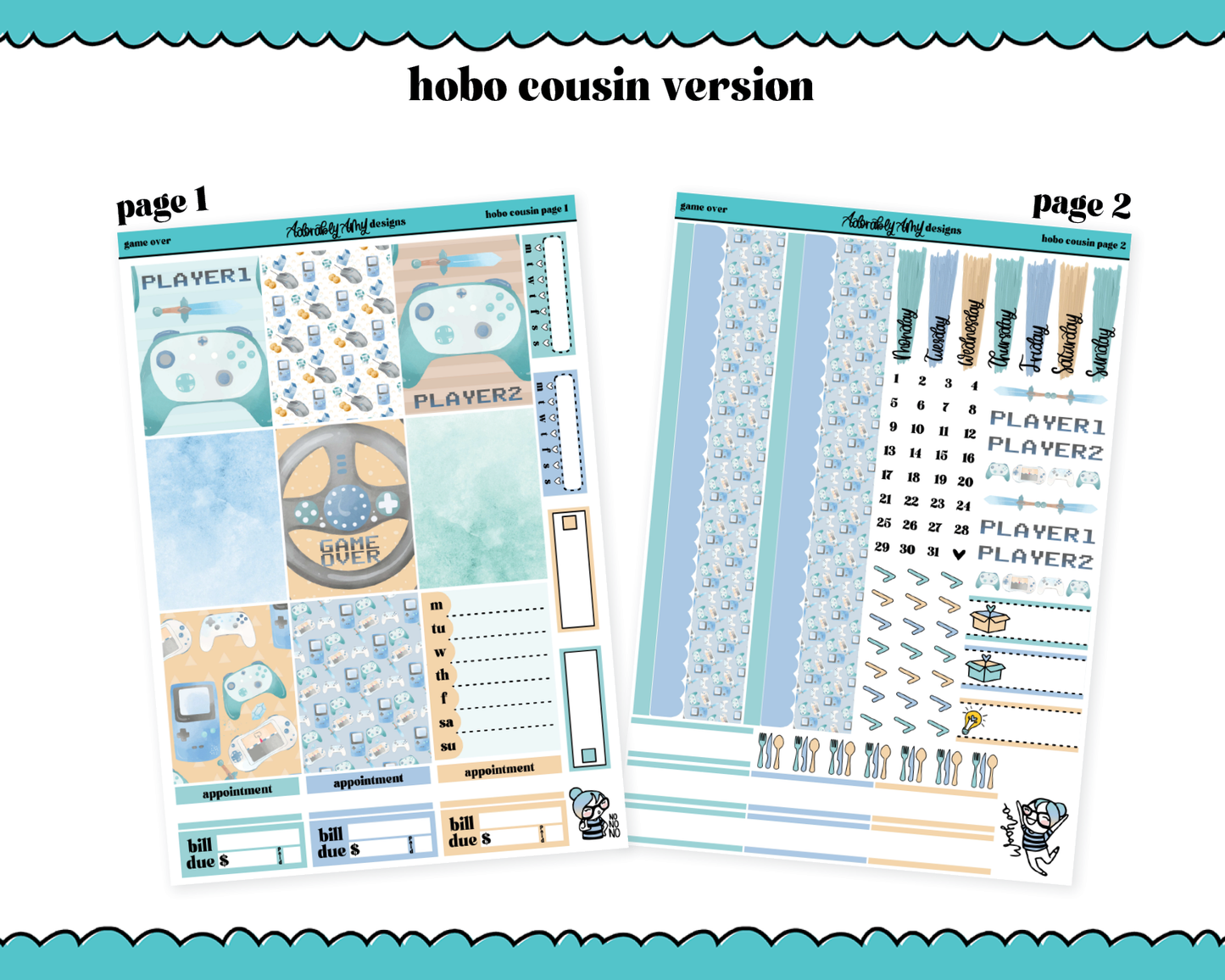 Hobonichi Cousin Weekly Game Over Watercolor Planner Sticker Kit for Hobo Cousin or Similar Planners