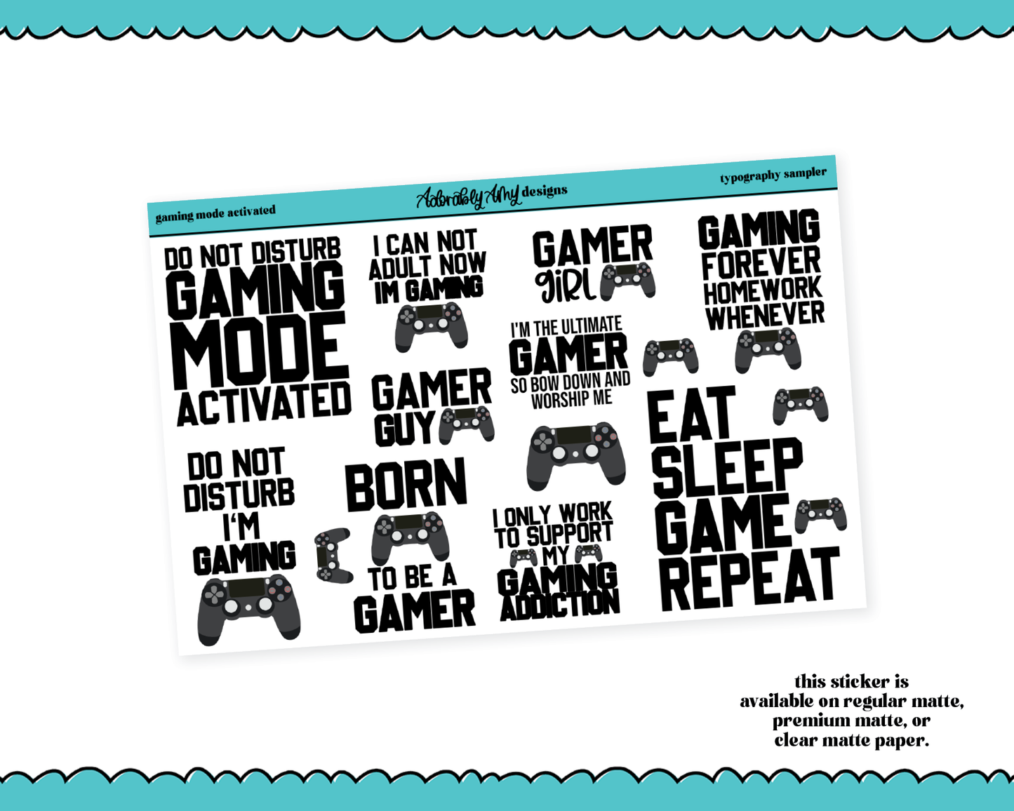 Gaming Mode Activated Typography Sampler Planner Stickers for any Planner or Insert