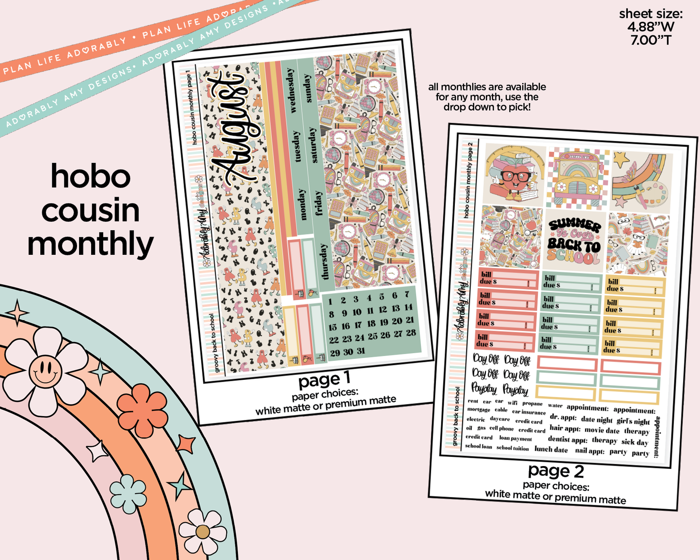 Hobonichi Cousin Monthly Pick Your Month Groovy Back to School Planner Sticker Kit for Hobo Cousin or Similar Planners