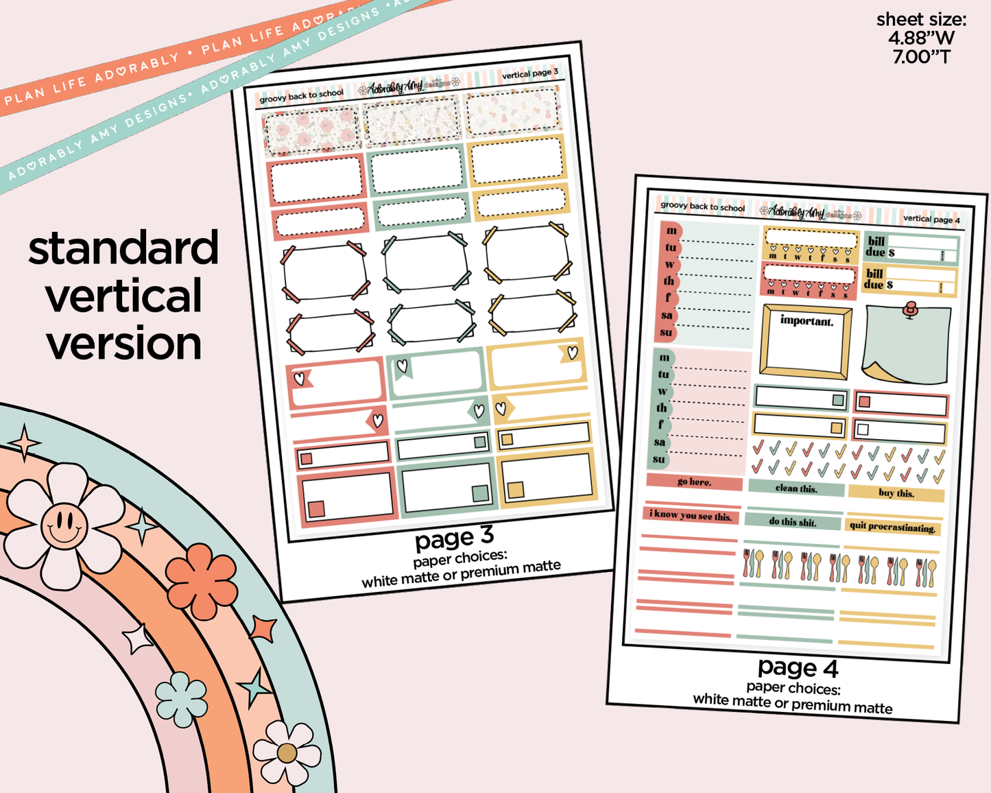 Vertical Groovy Back to School Weekly Sticker Kit for Vertical Standard Size Planners or Insert