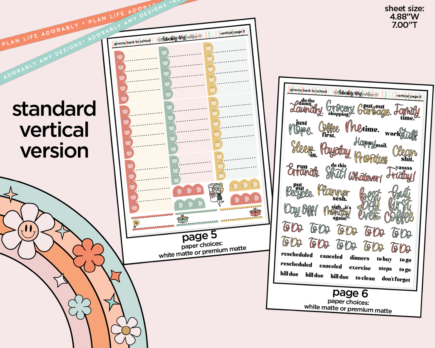 Vertical Groovy Back to School Weekly Sticker Kit for Vertical Standard Size Planners or Insert