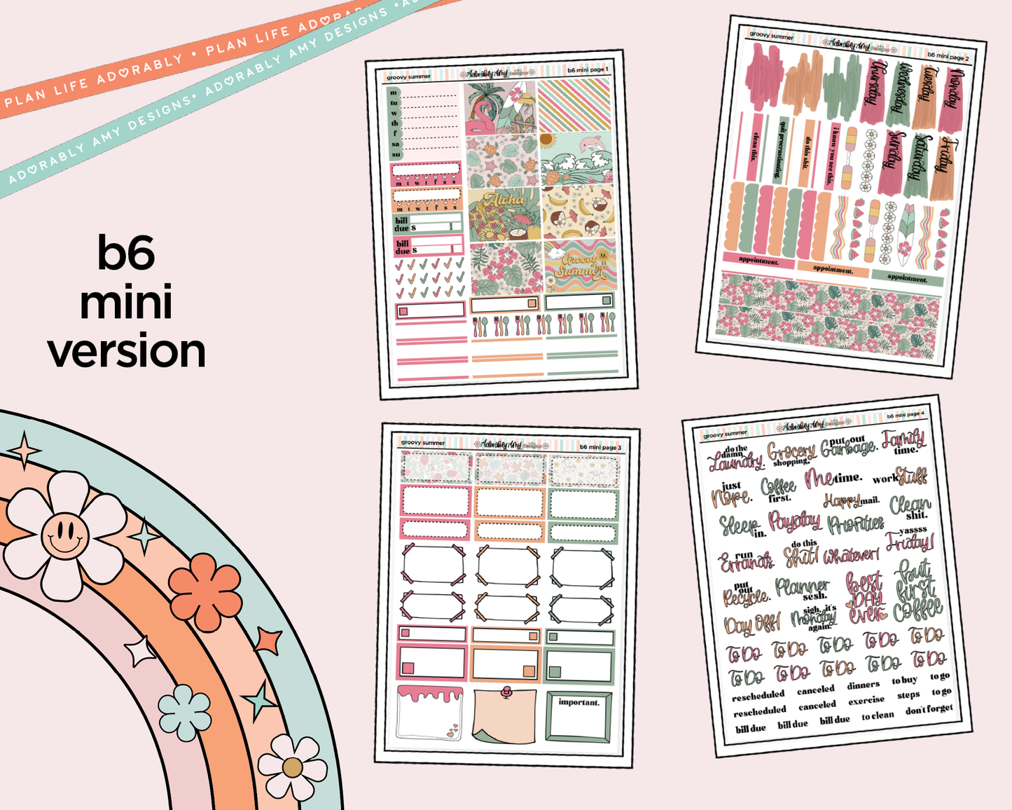 Mini B6 Groovy Summer Weekly Planner Sticker Kit sized for ANY Vertical Insert