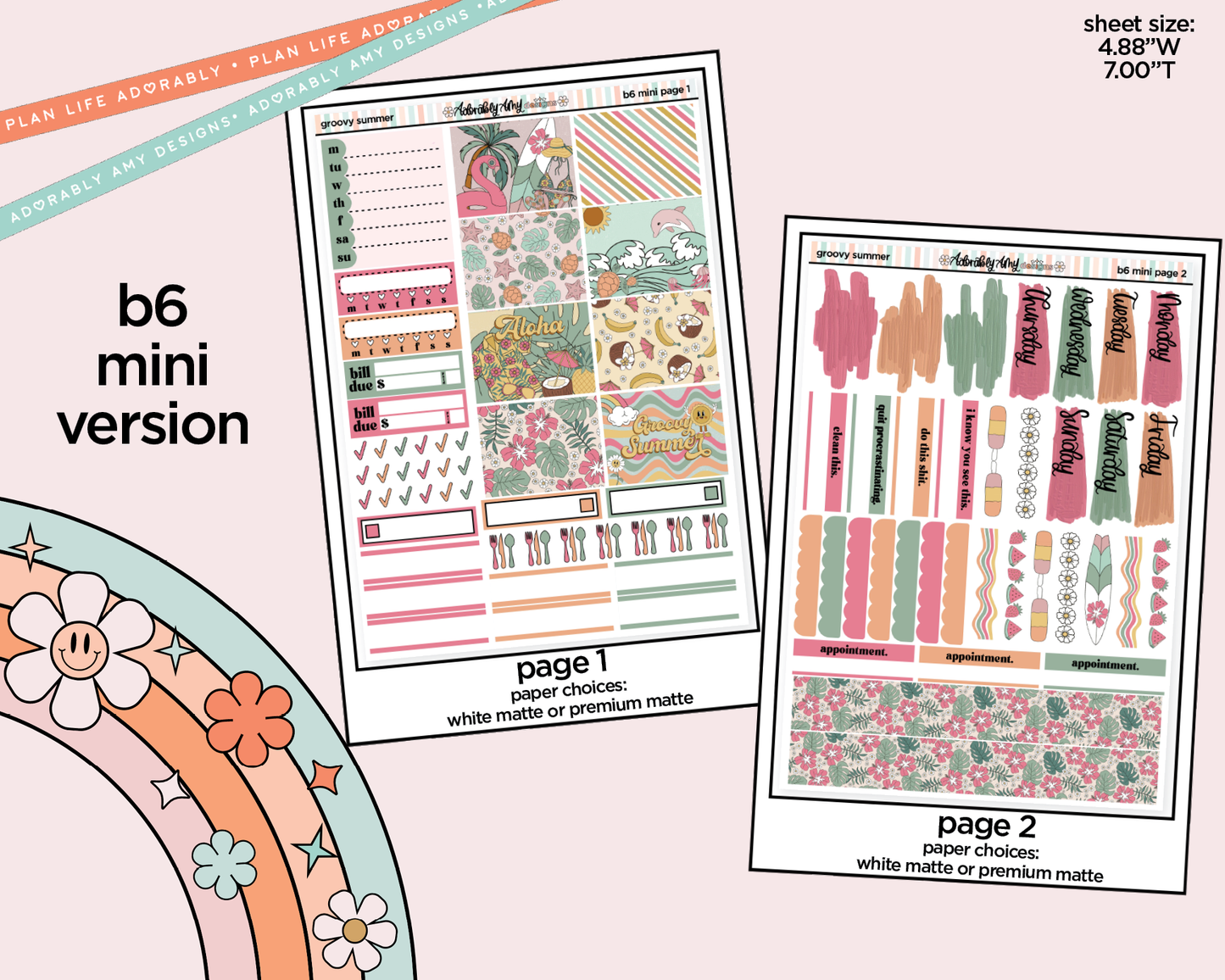 Mini B6 Groovy Summer Weekly Planner Sticker Kit sized for ANY Vertical Insert