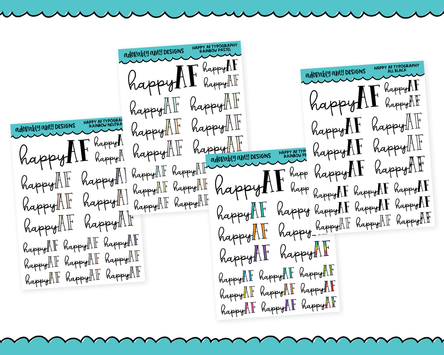 Rainbow or Black Happy AF Typography Planner Stickers for any Planner or Insert