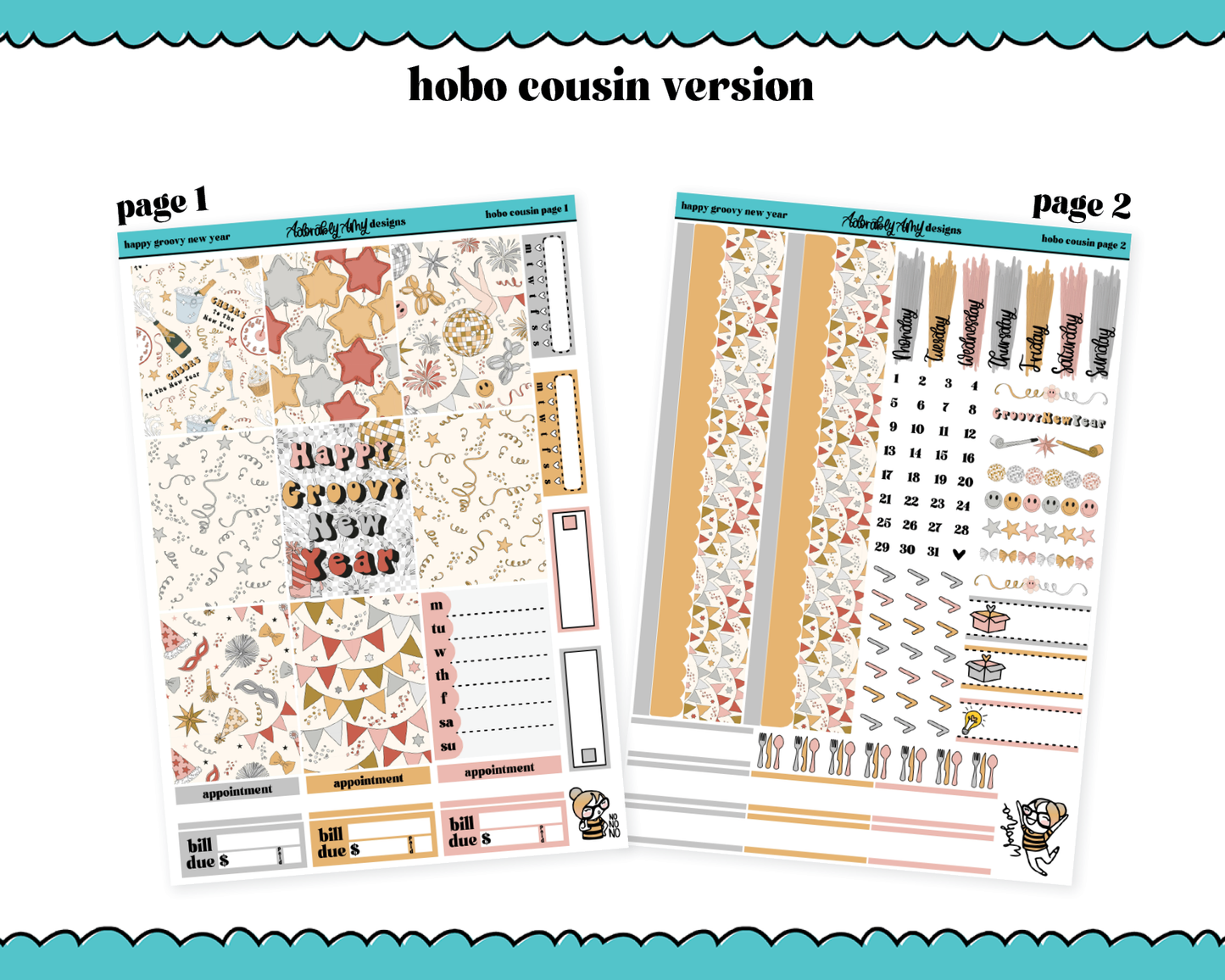 Hobonichi Cousin Weekly Happy Groovy New Year Planner Sticker Kit for Hobo Cousin or Similar Planners