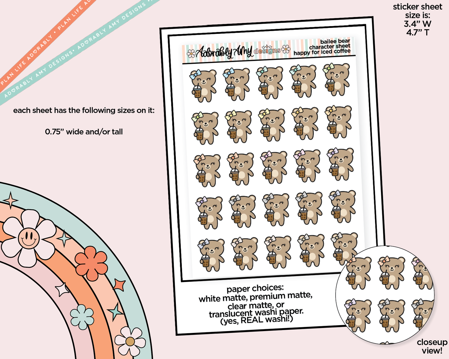Bailee Bear Happy for Iced Coffee Decoration Character Planner Stickers