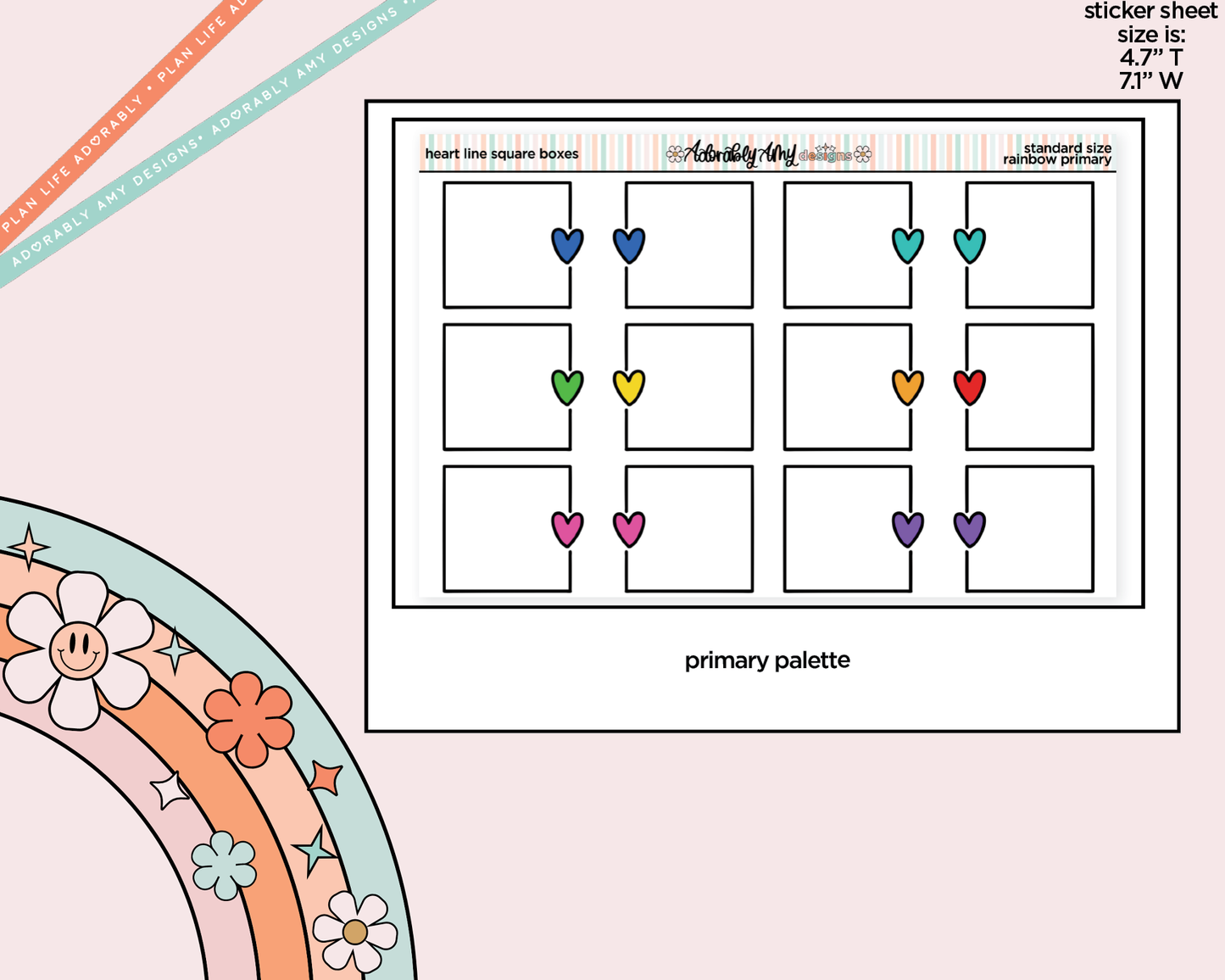 Rainbow Doodled Heart Line Square Boxes Standard Size Stickers - Adorably Amy Designs