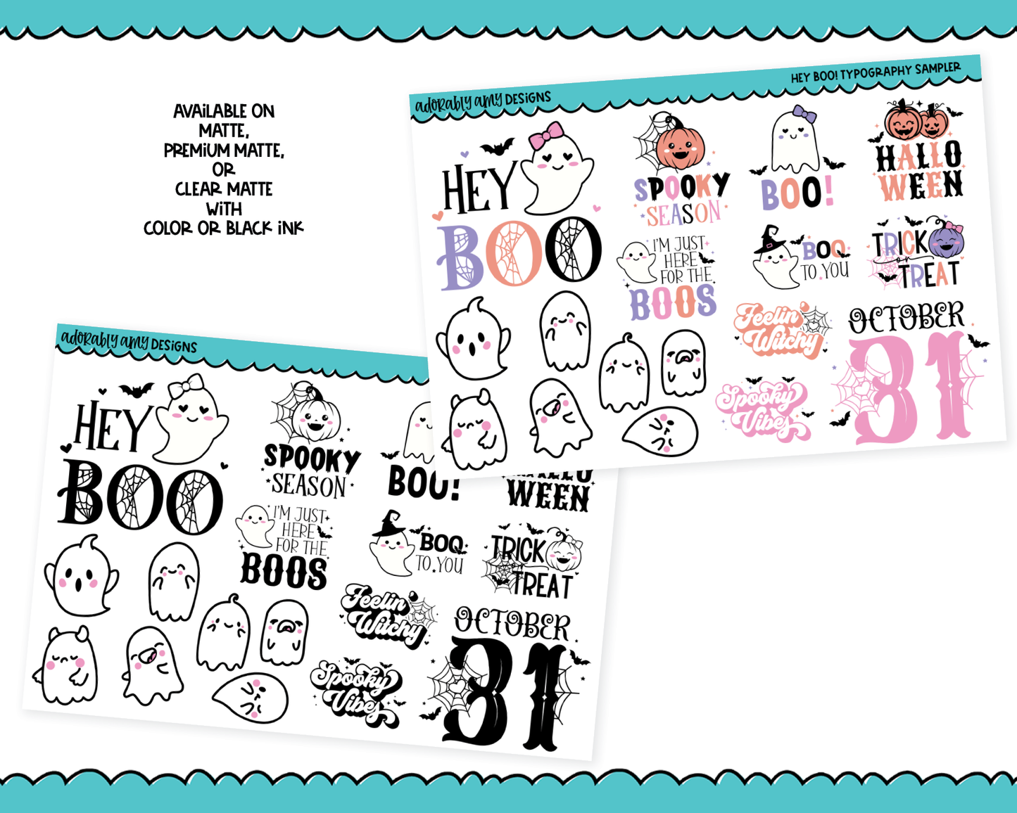 Hey Boo! Halloween Kawaii Ghosts Themed Typography Sampler Planner Stickers for any Planner or Insert
