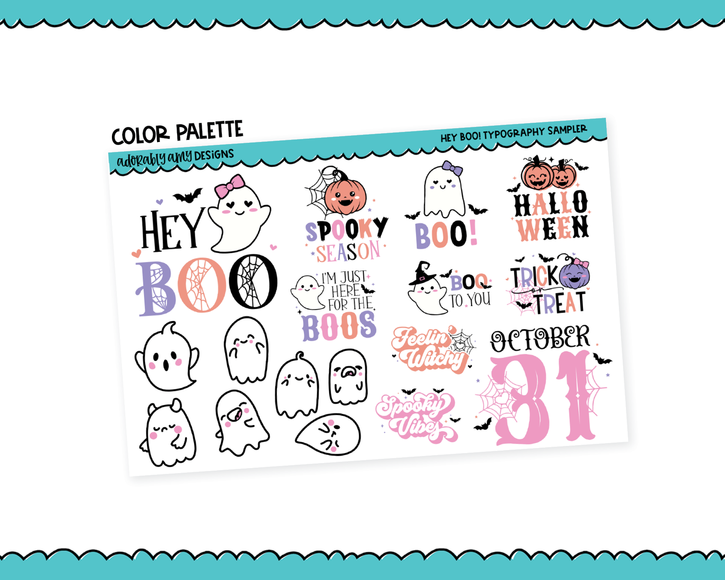 Hey Boo! Halloween Kawaii Ghosts Themed Typography Sampler Planner Stickers for any Planner or Insert