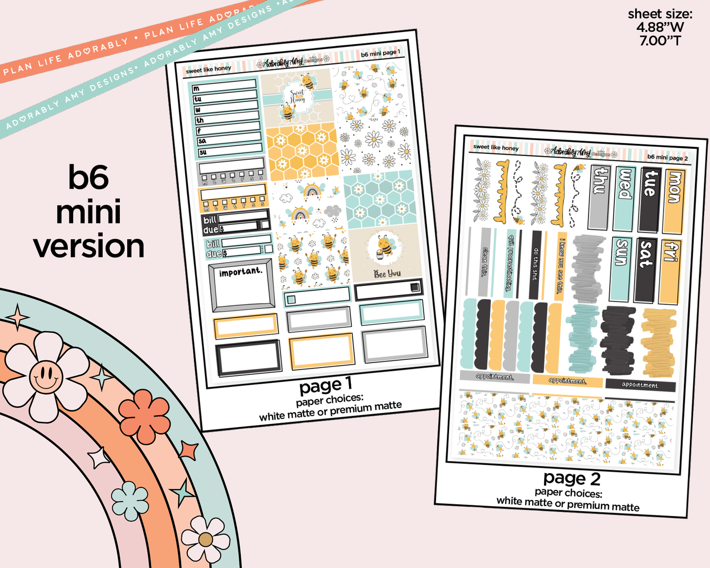 Mini B6 Sweet Like Honey Planner Sticker Kit sized for ANY Vertical Insert