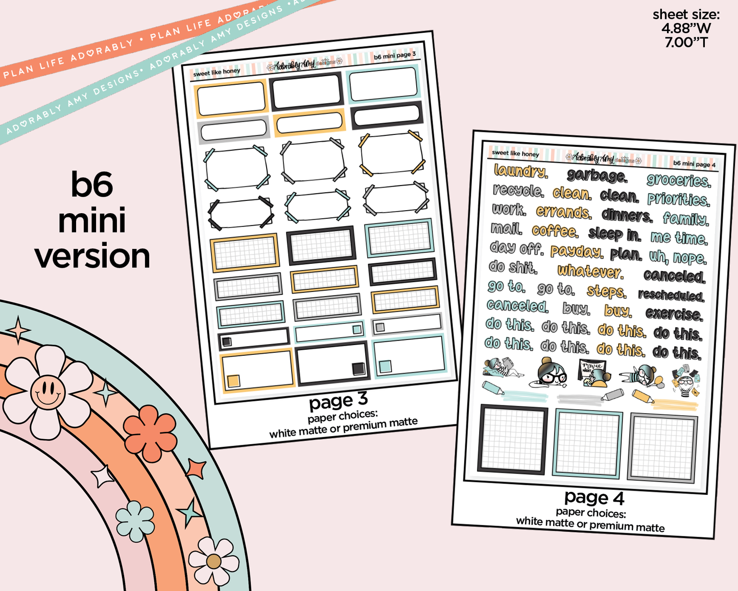 Mini B6 Sweet Like Honey Planner Sticker Kit sized for ANY Vertical Insert