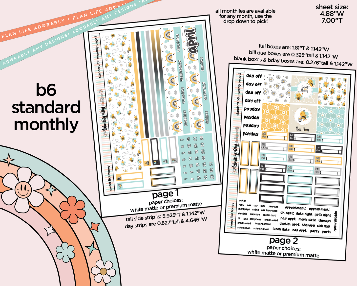 Standard B6 Monthly Pick Your Month Sweet Like Honey Planner Sticker Kit for some B6 Planners