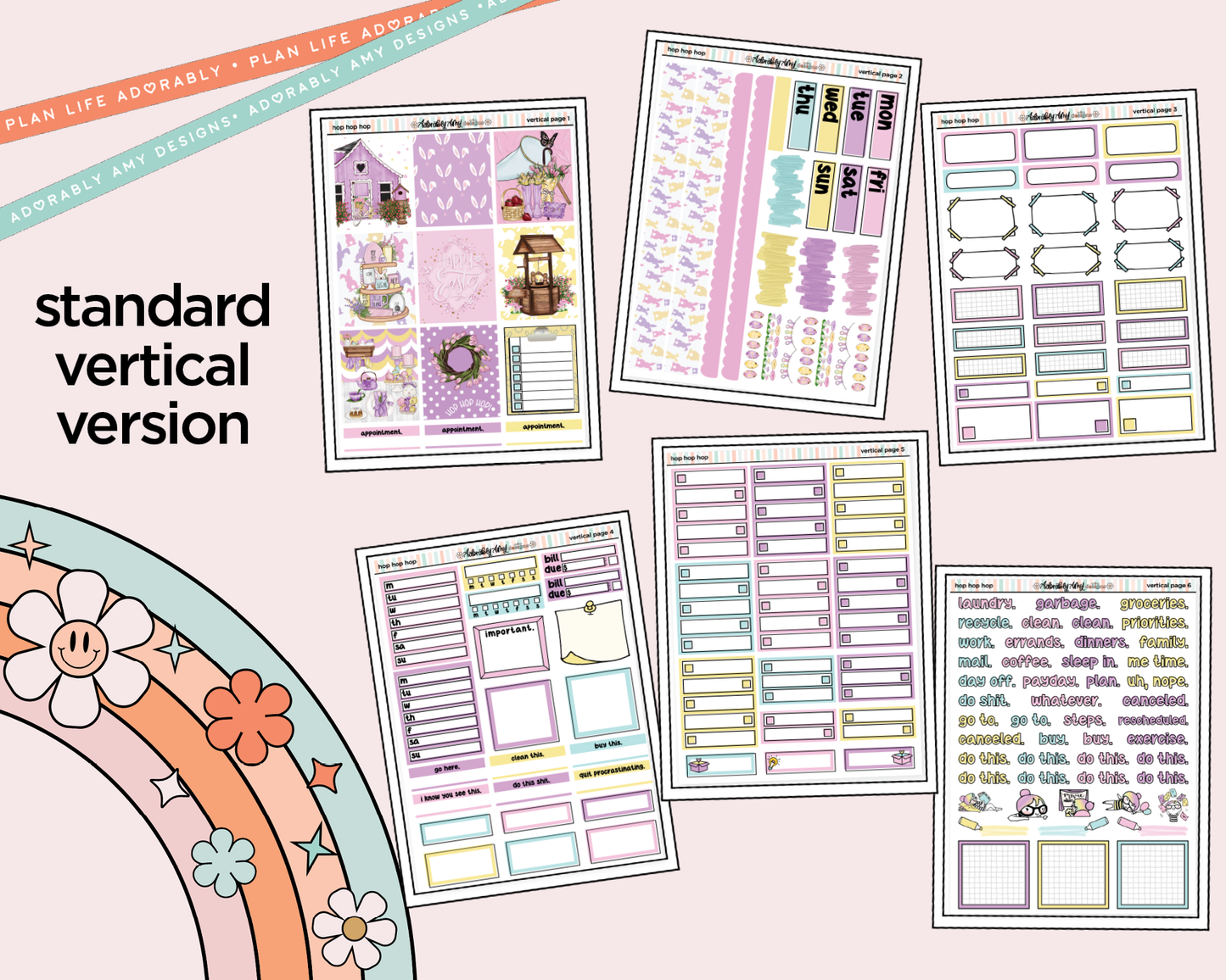 Vertical Hop Hop Hop Weekly Sticker Kit for Vertical Standard Size Planners or Insert