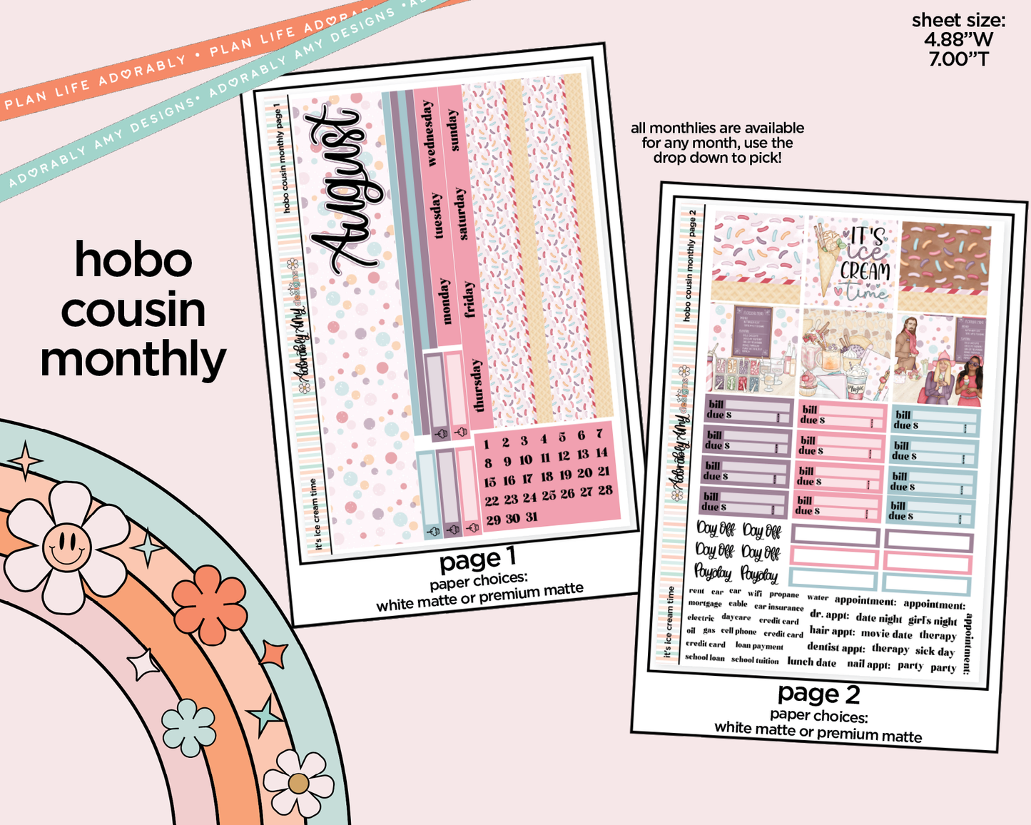 Hobonichi Cousin Monthly Pick Your Month It's Ice Cream Time Planner Sticker Kit for Hobo Cousin or Similar Planners