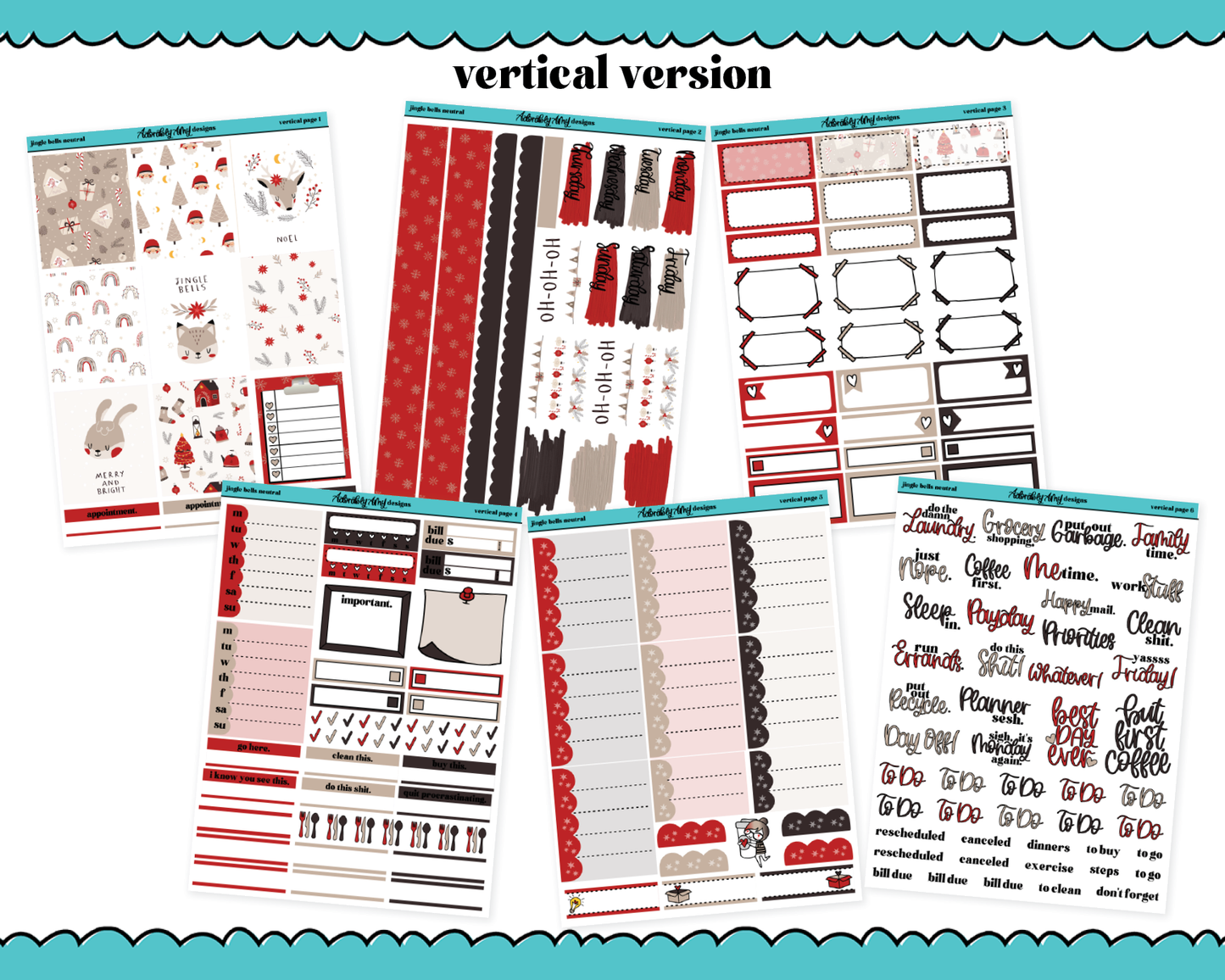 Vertical Jingle Bells Neutral Christmas Themed Planner Sticker Kit for Vertical Standard Size Planners or Inserts