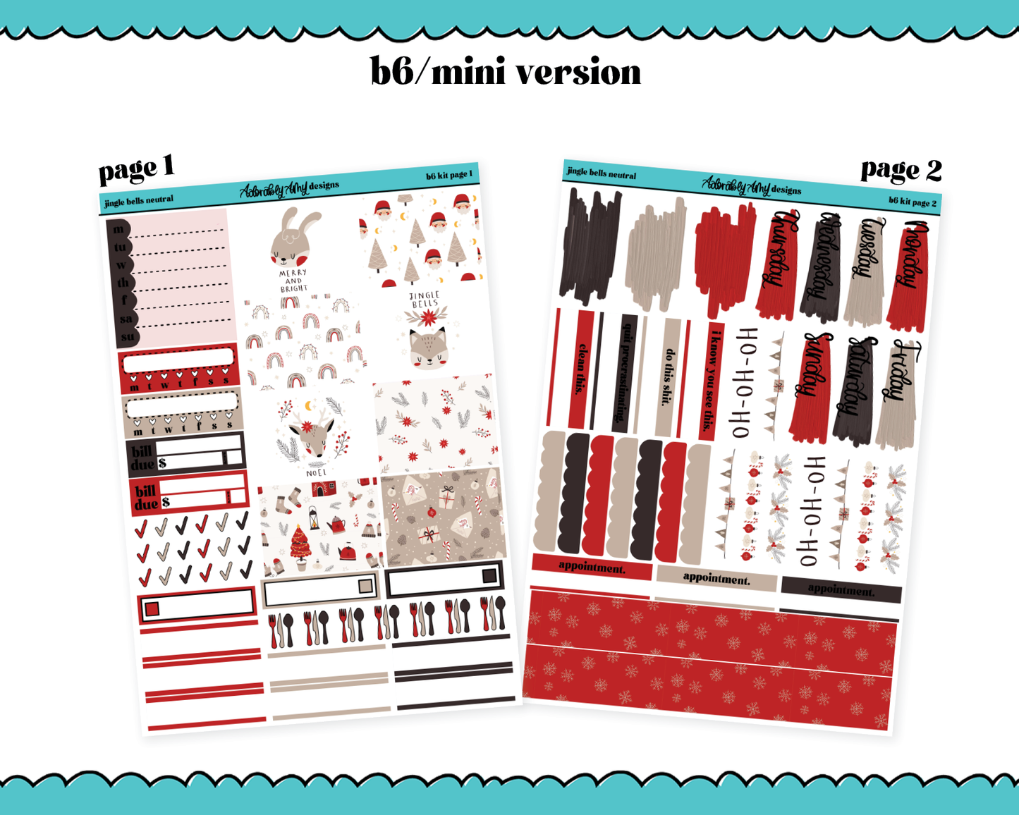 Mini B6 Jingle Bells Neutral Christmas Themed Weekly Planner Sticker Kit sized for ANY Vertical Insert