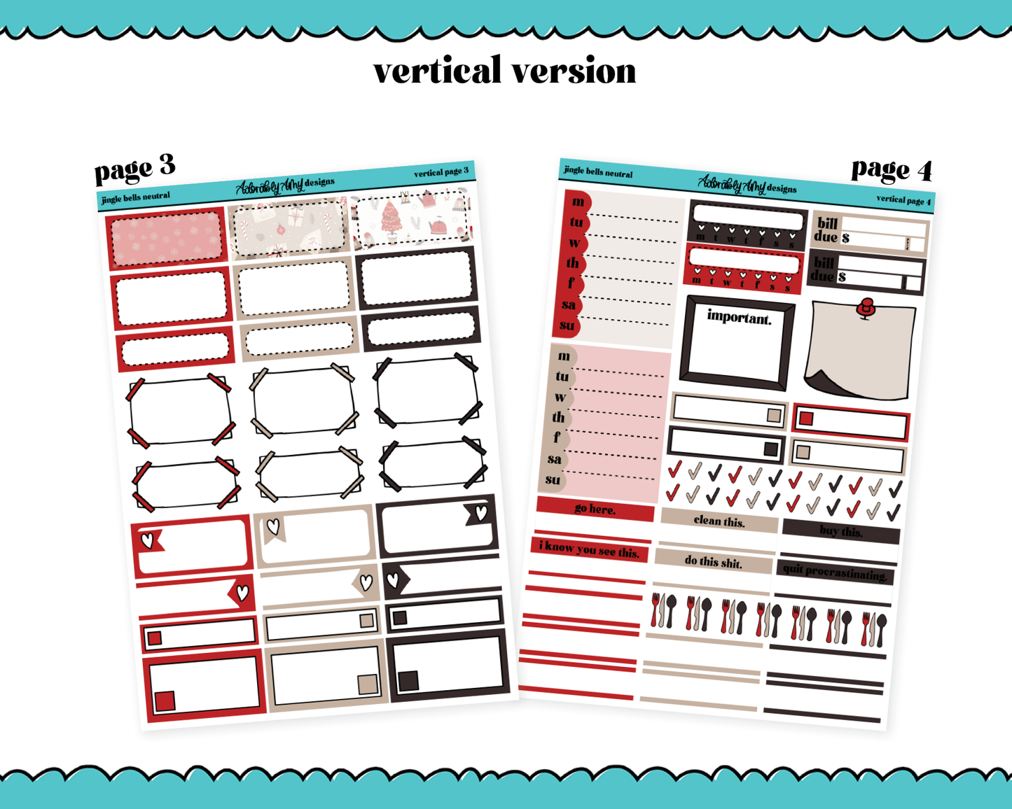 Vertical Jingle Bells Neutral Christmas Themed Planner Sticker Kit for Vertical Standard Size Planners or Inserts