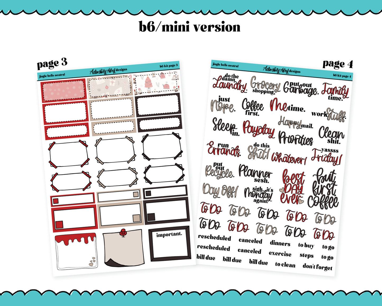 Mini B6 Jingle Bells Neutral Christmas Themed Weekly Planner Sticker Kit sized for ANY Vertical Insert