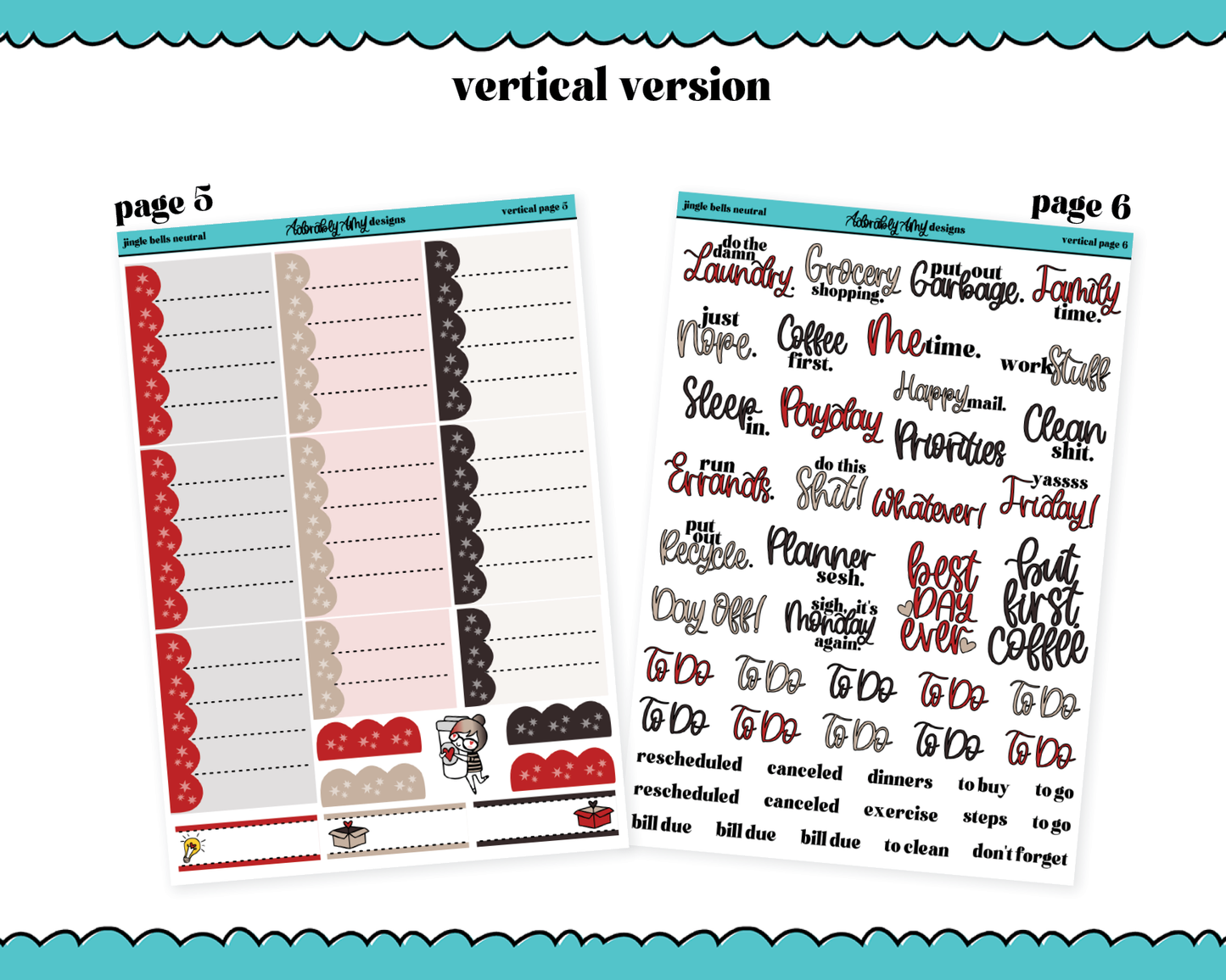 Vertical Jingle Bells Neutral Christmas Themed Planner Sticker Kit for Vertical Standard Size Planners or Inserts