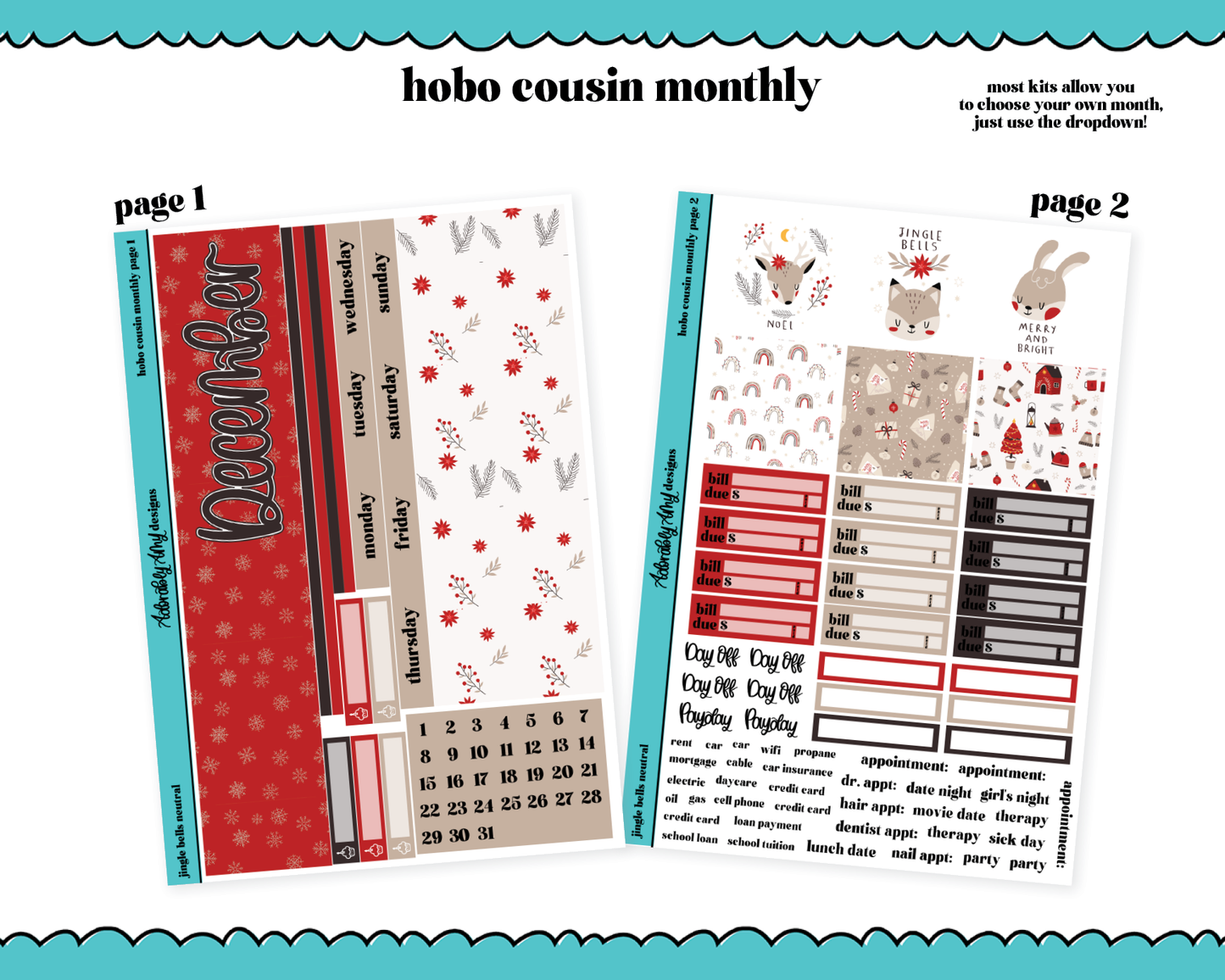 Hobonichi Cousin Monthly Pick Your Month Jingle Bells Neutral Planner Sticker Kit for Hobo Cousin or Similar Planners