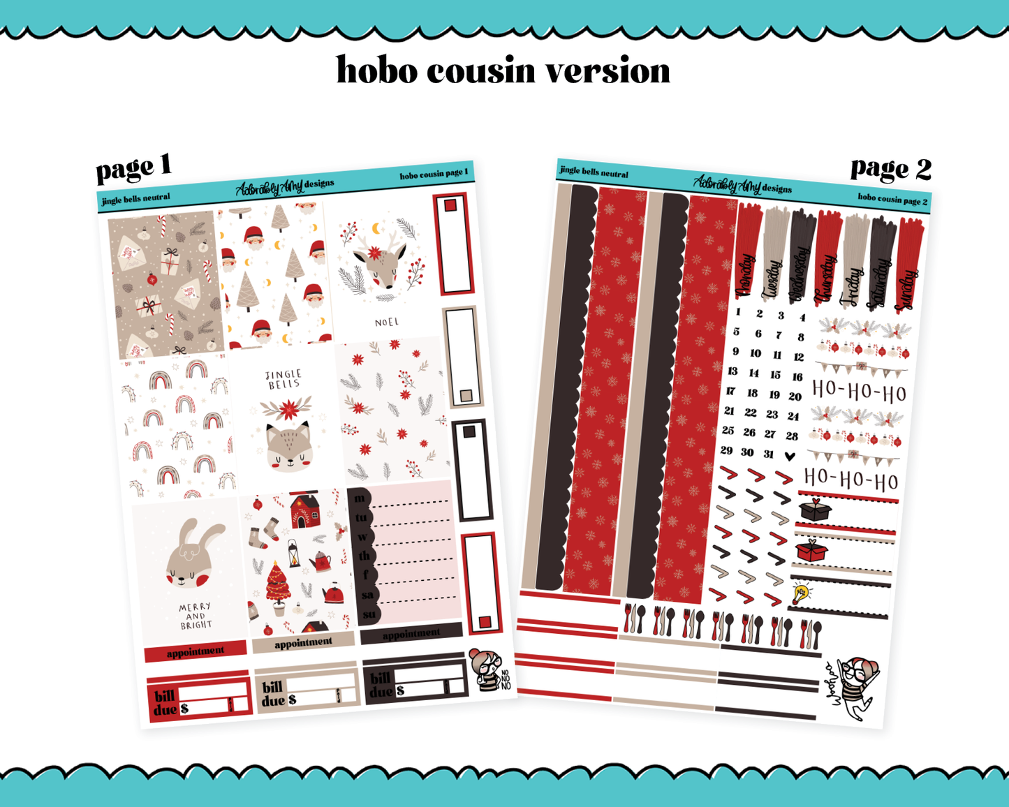 Hobonichi Cousin Weekly Jingle Bells Neutral Christmas Themed Planner Sticker Kit for Hobo Cousin or Similar Planners