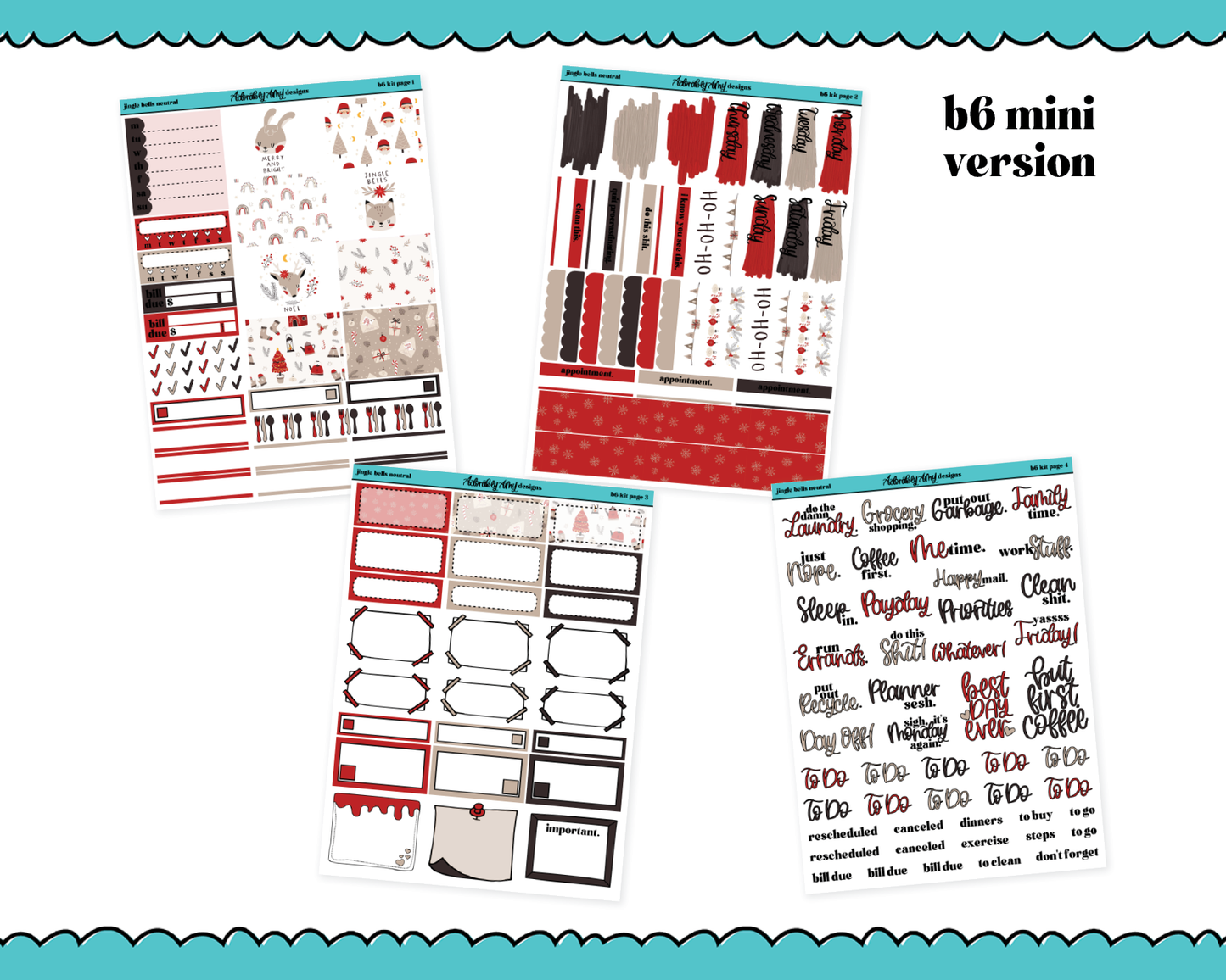 Mini B6 Jingle Bells Neutral Christmas Themed Weekly Planner Sticker Kit sized for ANY Vertical Insert