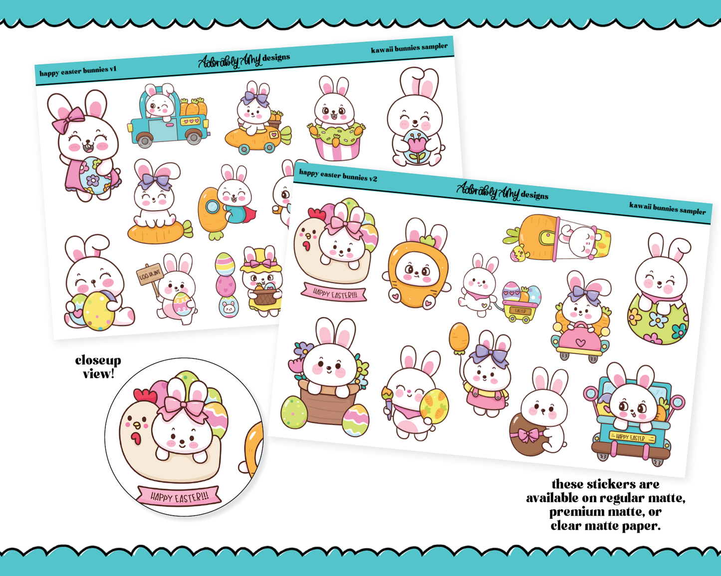 Doodled Kawaii Easter Bunnies - 2 Versions - Decorative Planner Stickers for any Planner or Insert