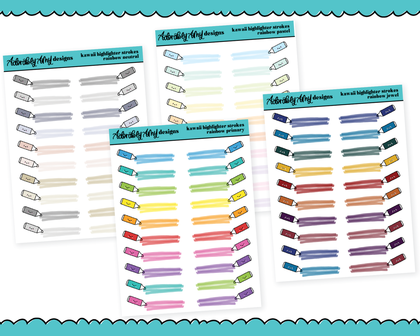 Rainbow Kawaii Highlighters V1 Dividers or Underlays Standard Size Stickers for any Planner or Insert