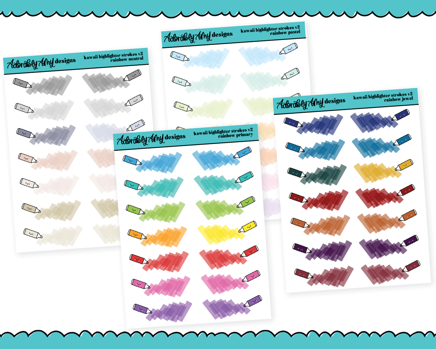 Rainbow Kawaii Highlighters V2 Dividers or Underlays Standard Size Stickers for any Planner or Insert