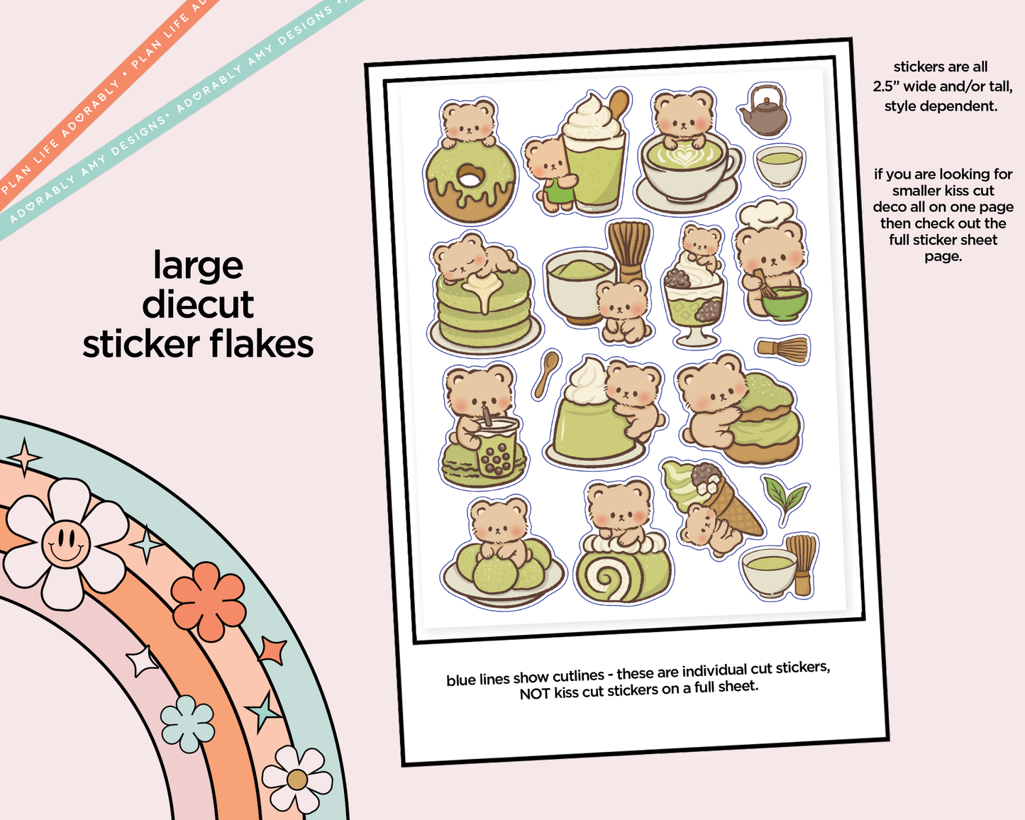 Kawaii Matcha Bear Deco Samplers in 3 Sizes Decorative Planner Stickers
