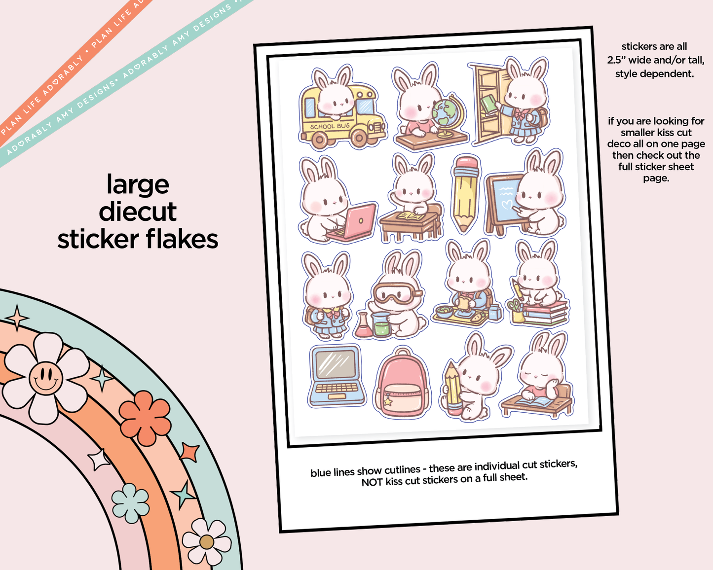 Kawaii Back to School Bunnies Deco Samplers in 3 Sizes Decorative Planner Stickers