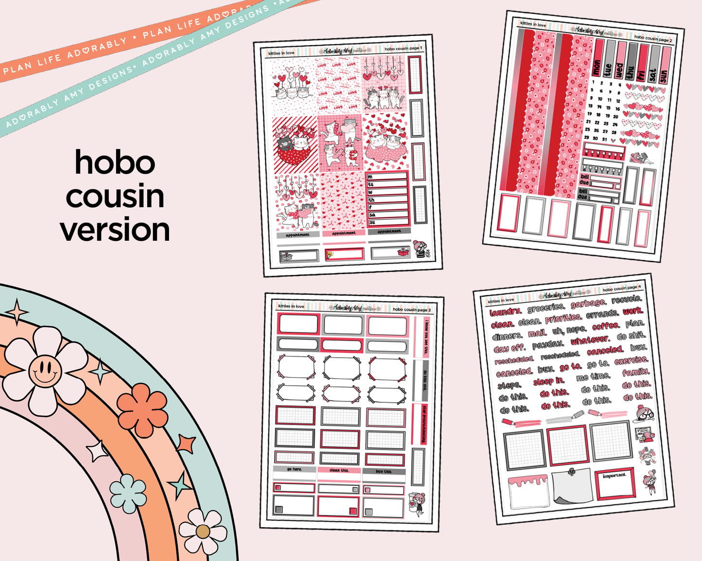 Hobonichi Cousin Weekly Kitties in Love Planner Sticker Kit for Hobo Cousin or Similar Planners