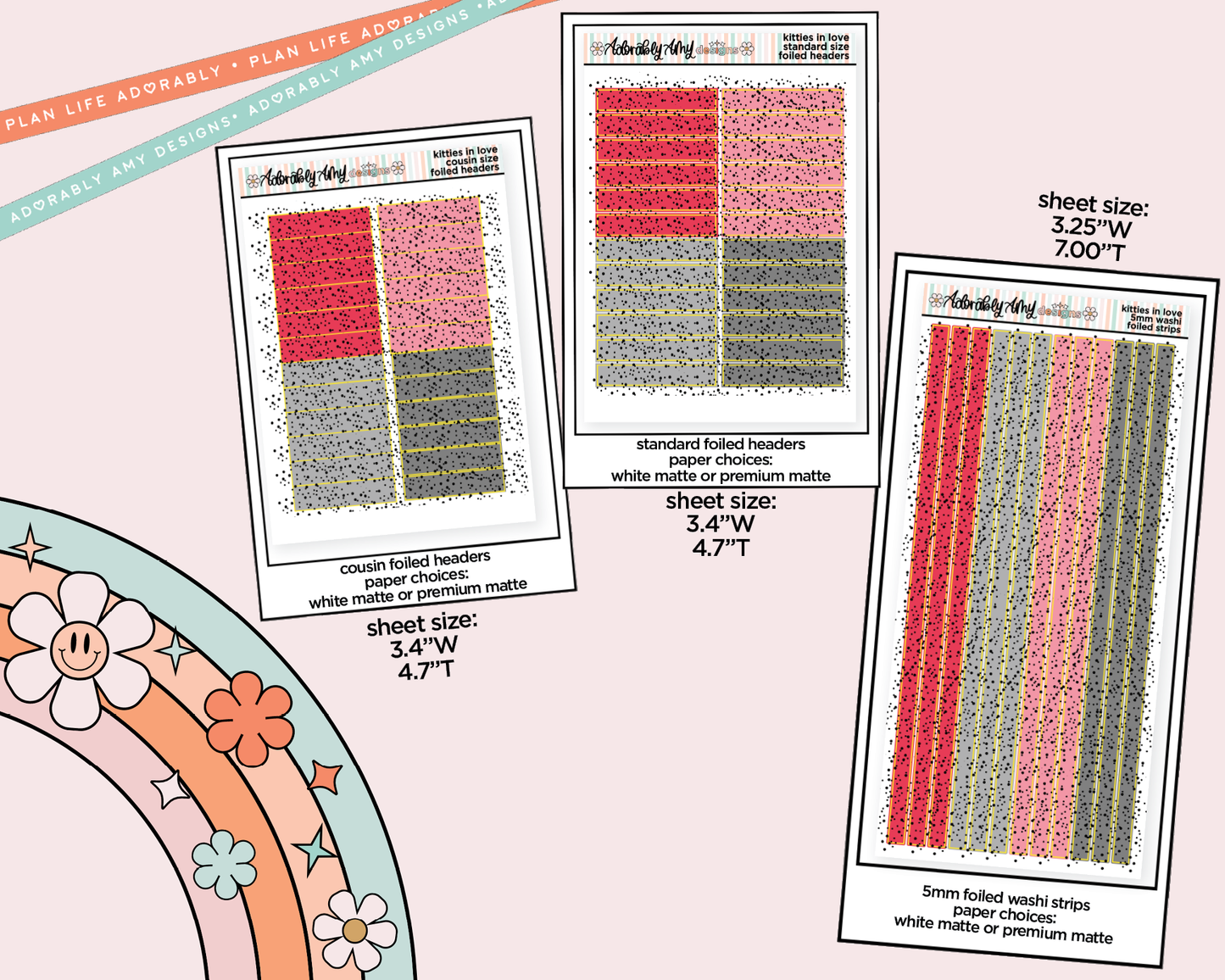 Foiled Kitties in Love Headers or Long Strips Planner Stickers for any Planner or Insert
