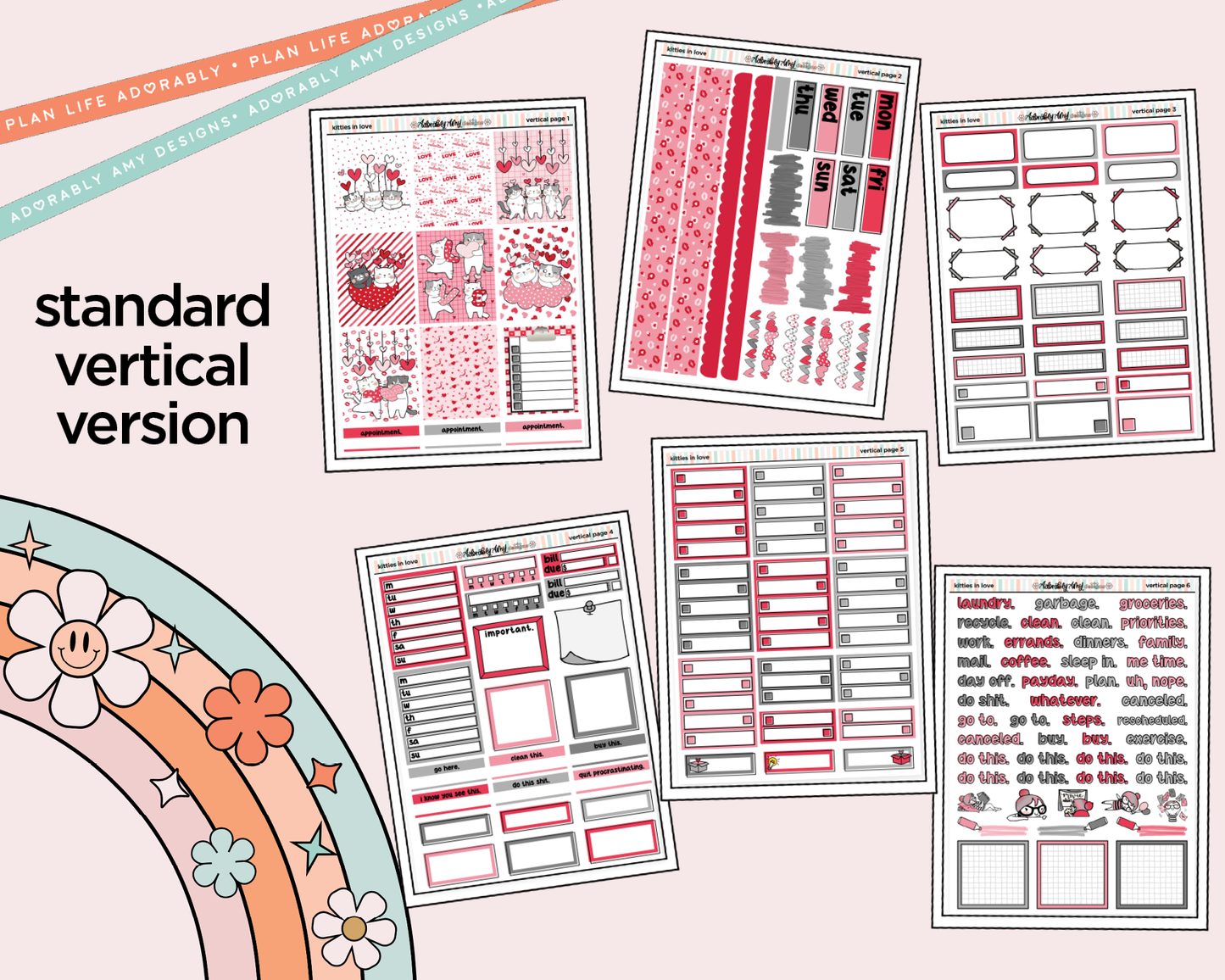 Vertical Kitties in Love Weekly Sticker Kit for Vertical Standard Size Planners or Insert