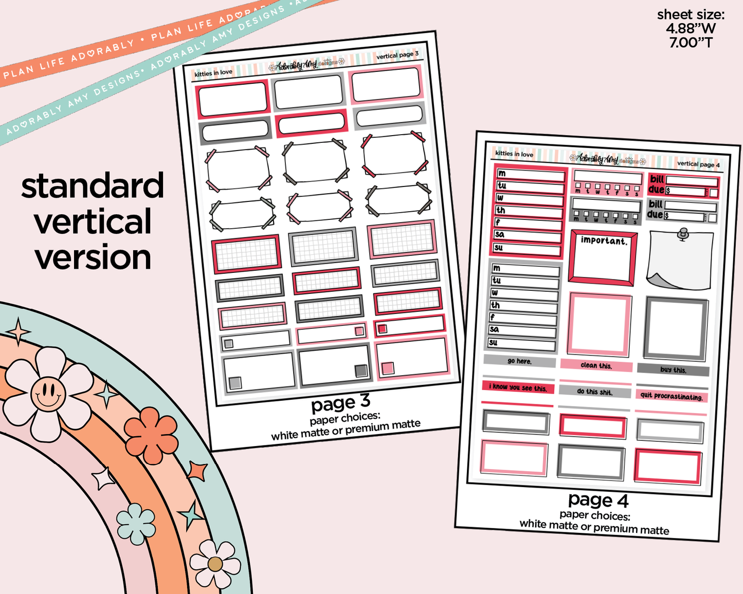 Vertical Kitties in Love Weekly Sticker Kit for Vertical Standard Size Planners or Insert