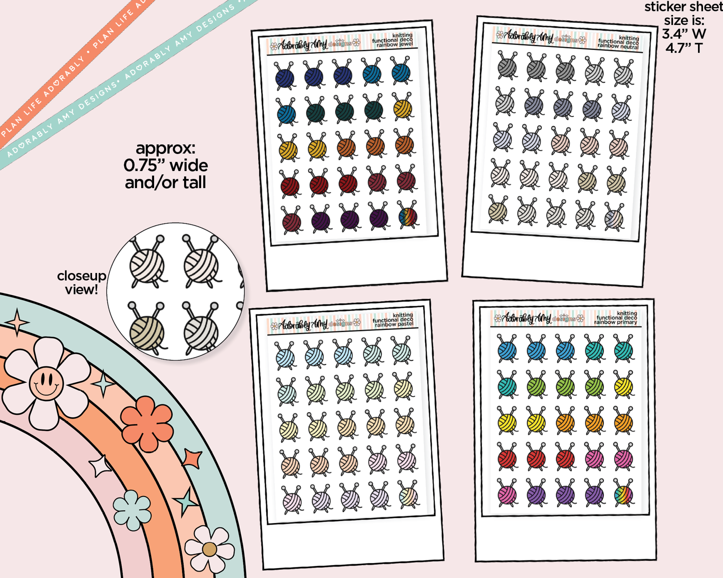 Rainbow Knitting Needles and Yarn Ball Doodled Icon Stickers