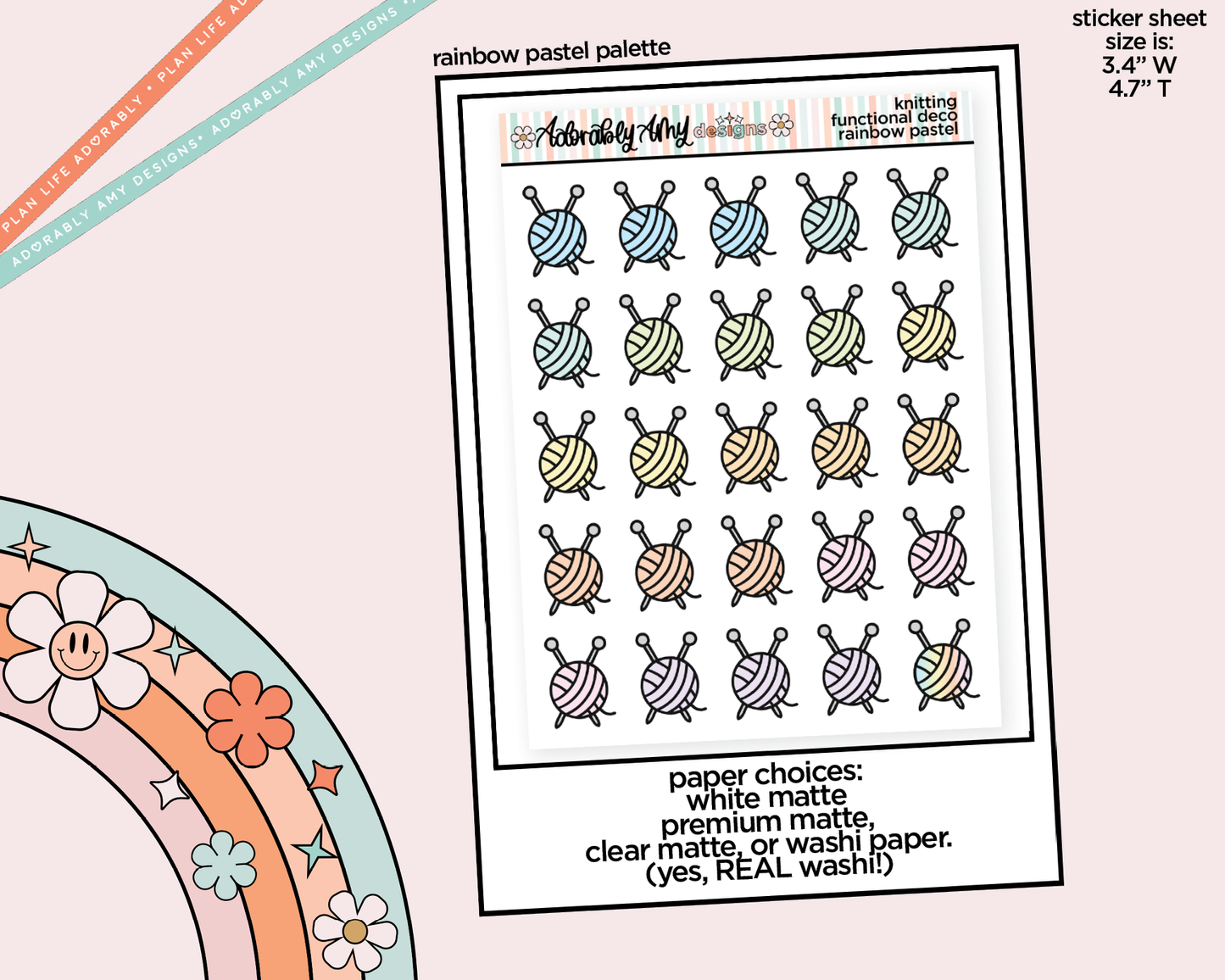 Rainbow Knitting Needles and Yarn Ball Doodled Icon Stickers