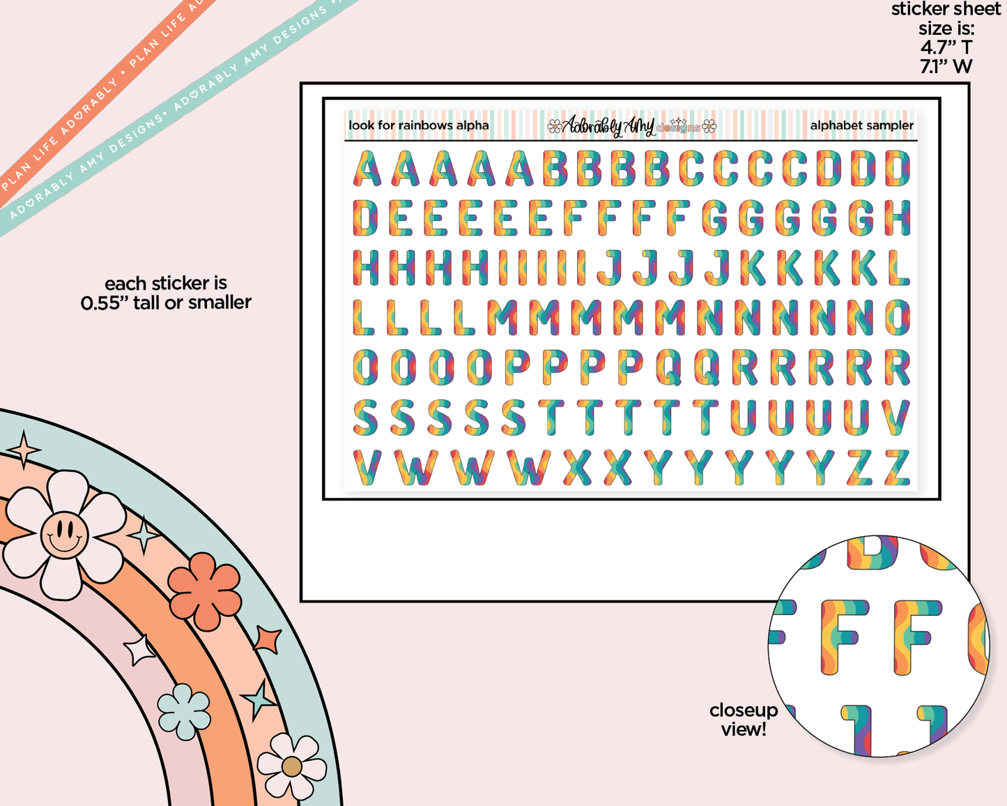 Look for Rainbows Alphabet Stickers Deco Typography Sampler Planner Stickers - Adorably Amy Designs