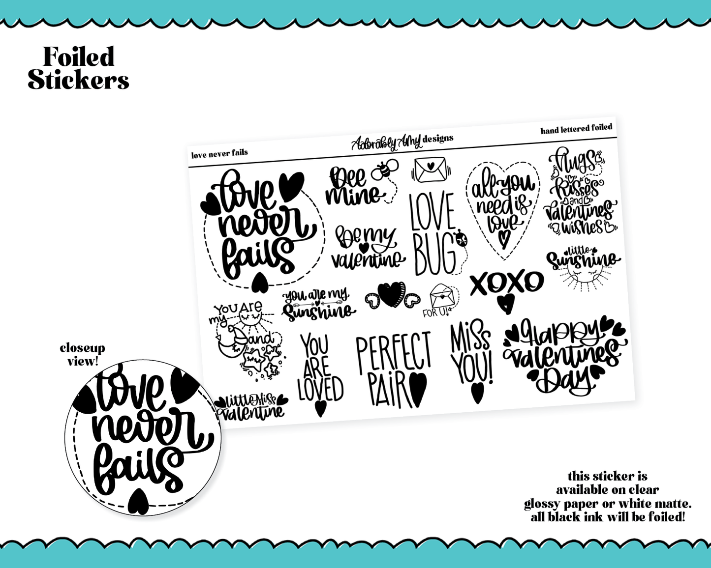 Foiled Hand Lettered Script Love Never Fails Typography Sampler