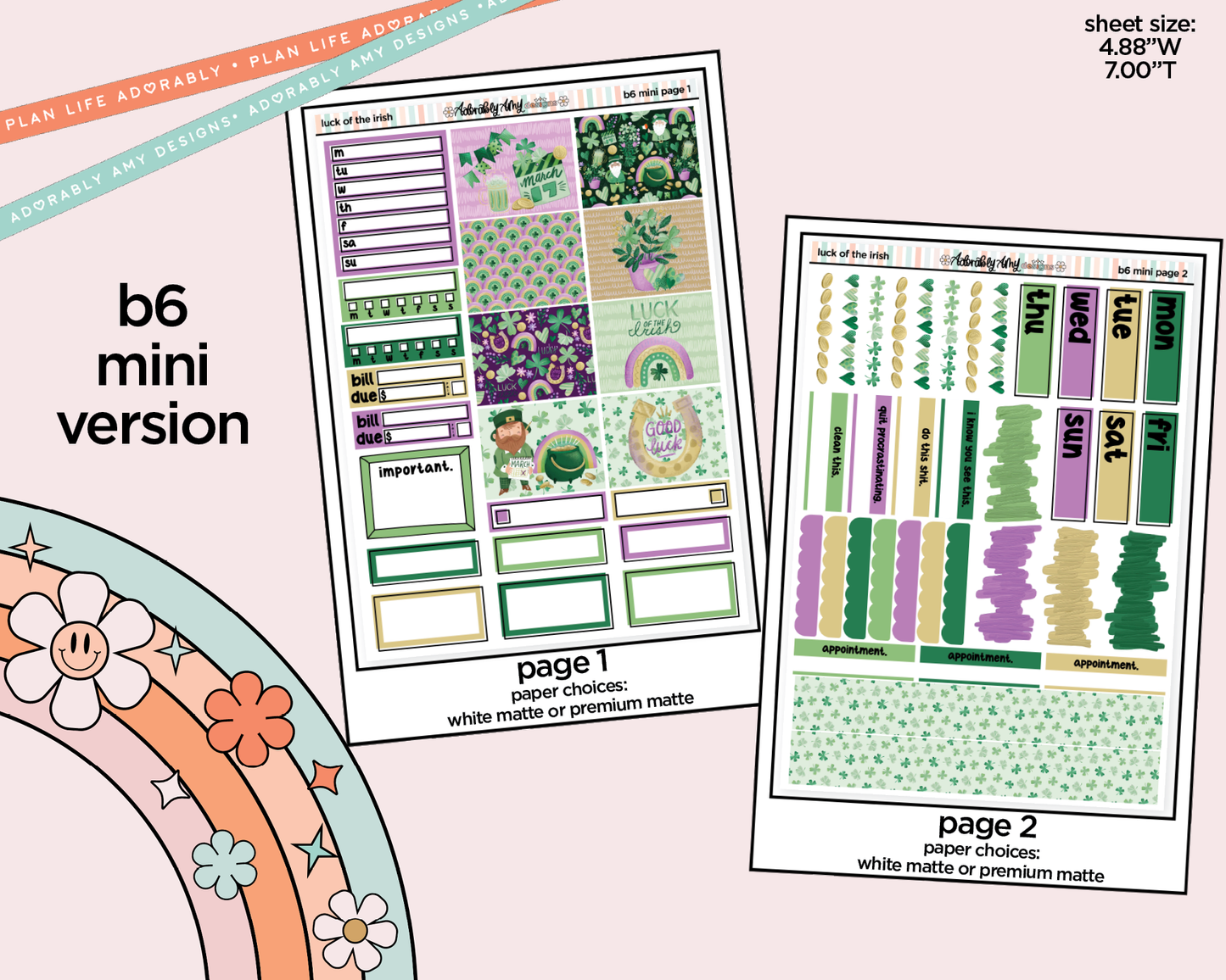 Mini B6 Luck of the Irish Planner Sticker Kit sized for ANY Vertical Insert